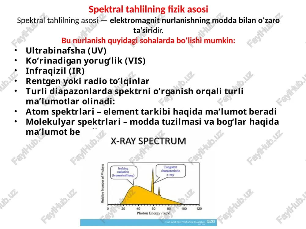 ashning tez, aniq va ishonchli usuli bo‘lib, bugungi kunda ilm-fan va amaliyotning turli sohalarida keng qo‘llaniladi. 1. kimyo va sanoatda metallurgiya: qotishmalardagi temir, mis, nikel, kobalt kabi elementlar miqdorini aniqlashda. kimyoviy moddalar sinovi: reagentlar va dorivor moddalar tozaligini tekshirishda. sanoat ifloslanish monitoringi: zavod chiqindilaridagi zararli gazlar tarkibini aniqlashda. misol: atomik absorbsiya spektrometri yordamida suvdagi og‘ir metall konsentratsiyasi aniqlanadi. 2. fizika va materialshunoslikda yorug‘lik spektri orqali materiallarni o‘rganish: moddaning elektron holatini aniqlash. nanotexnologiya va yarimo‘tkazgichlar: materiallarning optik va elektron xususiyatlarini o‘lchash. misol: yadro spektri yordamida kristallarda defektlarni aniqlash. 3. astronomiya va kosmik tadqiqotlarda yulduzlar, sayyoralar va galaktikalar spektrini tahlil qilish orqali ularning tarkibi va harorati aniqlanadi. qaysi elementlar mavjudligini va ularning miqdorini aniqlash mumkin. misol: quyosh spektri orqali vodorod, geliy va temir elementlari aniqlangan. 4. tibbiyot va biologiyada qon, siydik, to‘qimalar tarkibini tez aniqlash. dorivor moddalar konsentratsiyasini o‘lchash, biologik molekulalarni aniqlash. misol: infraqizil spektr yordamida qon tarkibidagi qand va yog‘lar miqdorini …