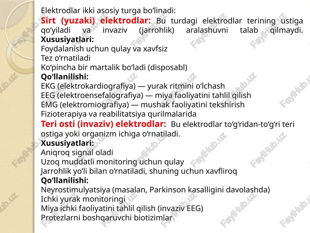 hlatiladi: korroziya (zanglash): tanadagi nam muhitda tezda korroziyaga uchraydi biologik moslikning pastligi: tanadagi to‘qimalar bilan yaxshi mos tushmaydi, allergik reaksiya bo‘lishi mumkin oqsillar va to‘qimalar bilan reaksiyaga kirishishi: bu signal sifati pasayishiga olib keladi uzoq muddatli monitoring uchun yaroqsiz: invaziv qo‘llanmalarda ishonchsiz bo‘lishi mumkin shu sababli zamonaviy elektrodlarda temir kamroq qo‘llanilib, uning o‘rnini yuqoridagi ilg‘or materiallar egallamoqda. xulosa zamonaviy biotibbiy elektrodlarga bo‘lgan talab yildan-yilga ortib bormoqda, chunki ular tibbiy diagnostika, monitoring va davolashda muhim rol o‘ynaydi. temir elektrodlari arzon va mexanik jihatdan mustahkam bo‘lsa-da, ularning biologik muvofiqligi va uzoq muddatli ishlash qobiliyati cheklangan. shu sababli zamonaviy elektrodlarda ko‘proq oltin, kumush, grafen, polimerlar va nano-materiallar asosidagi ilg‘or yechimlar qo‘llanilmoqda. ilg‘or texnologiyalar asosida ishlab chiqilayotgan moslashuvchan, nanoo‘lchamli, simsiz va bio-eriydigan elektrodlari tibbiy amaliyotda aniqlik, qulaylik va xavfsizlikni ta’minlaydi. kelajakda bu soha sun’iy intellekt bilan integratsiya qilinib, diagnostikani avtomatlashtirish va shaxsiylashtirish imkonini beradi. shunday qilib, biotibbiy elektrodlarda zamonaviy yondashuvlar tibbiyotning aniqligi, samaradorligi va …