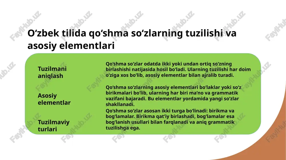 r asosan ikki yoki undan ortiq so‘zning birikmasi bilan shakllanadi. bu jarayon tilimizda so‘z boyligini kengaytiradi va without loss of meaning. 4 shakllar va foydalanish qo‘shma so‘zlarning asosiy shakllari – birikma va birikmagan shakllardir. ular yozilishda qoidalar va uslubiy jihatlarga muvofiq bo‘lishi muhimdir. qo‘shma so‘zlar yaratishda morfologik birikmalarning roli 01 morfologik birikmalarning asosiy roli qo‘shma so‘zlar yaratishda morfologik birikmalar muhim ahamiyatga ega. ular so‘zlarning tuzilishini aniqlash va ma’nosini kengaytirishda yordam beradi, yangi so‘zlar hosil qilish imkonini yaratadi. 02 birlikdagi morfemalar birikmalarda turli morfemalar – ildiz, affixlar va qo‘shimchalar – birlashib, yangi ma’no va grammatik shakllarni hosil qiladi. bu jarayon tilning boyligini ta’minlaydi va yozilish qoidalariga asos bo‘ladi. 03 yozilish va shakllanishdagi tartib morfologik birikmalar qo‘shma so‘zlarning yozilishida muhim rol o‘ynaydi. ular so‘zlarning to‘g‘ri joylashuvi, talaffuzi va ma’nosini aniq belgilashda yordam beradi, shuningdek, yozish qoidalarini belgilaydi. sintaktik qoidalar va qo‘shma so‘zlarning joylashuvi 1 sintaktik qoidalar qo‘shma so‘zlarning joylashuvi sintaktik qoidalarga asoslanadi, …