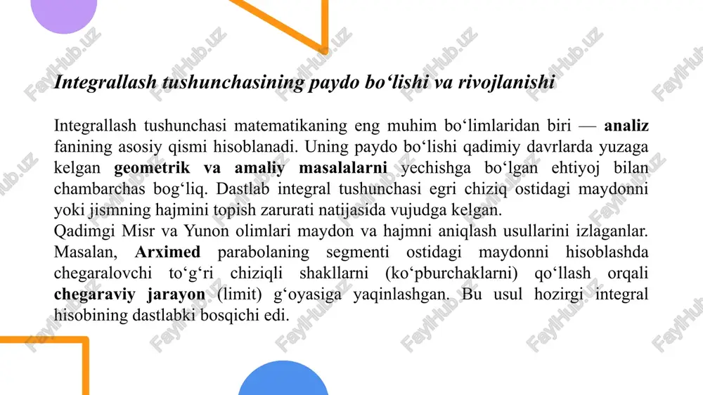 i chiziqli hisoblanadi. 8 2. qo‘shish va ayirishda integralning taqsimlanishi agar oraliq ikkiga bo‘linsa, masalan, [a,b] oraliq c nuqtada ajratilsa, quyidagi tenglik bajariladi: bu xossa integralni kichik oraliqlarga bo‘lib hisoblash imkonini beradi. shu sababli murakkab sohalarda integralni qadam-baqadam hisoblash qulay bo‘ladi. 3. doimiy funksiyaning integrali agar f(x)=k— doimiy funksiya bo‘lsa, u holda: bu xossa integralning geometrik ma’nosi bilan bog‘liq: ya’ni, bu doimiy balandlikdagi to‘g‘ri to‘rtburchakning yuzini beradi. 9 integralning yuqoridagi xossalari uning asosiy matematik mohiyatini ochib beradi. ushbu xossalar tufayli integral operatori bilan algebraik amallar bajarish, murakkab funksiyalarni soddalashtirish, hamda oraliqlarni bo‘lib hisoblash imkoniyati yaratiladi. natijada integral hisob nafaqat nazariy tahlilda, balki amaliy masalalarda ham samarali qo‘llaniladi. 10 image1.png image2.png image3.png image4.png image5.png /docprops/thumbnail.jpeg