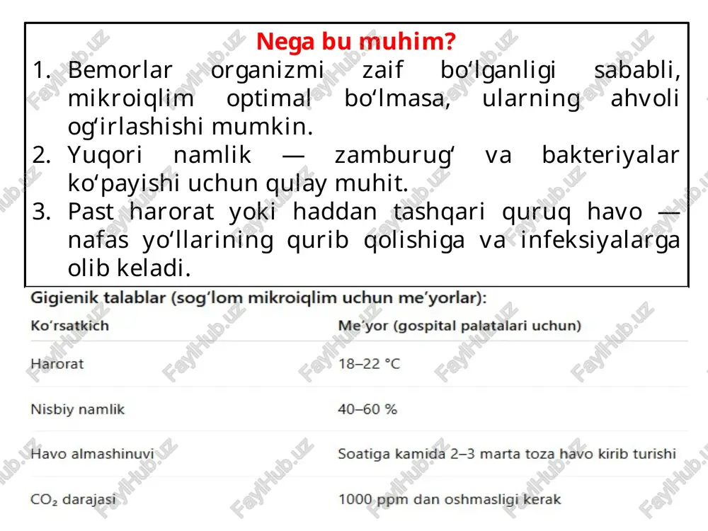 k reaksiyalar va nafas yo‘llari kasalliklari kuchayadi. operatsion, reanimatsiya va tug‘ruq xonalarida asoratlar xavfi ortadi. oldini olish choralari: ventilyatsiya (shamollatish) tizimini to‘g‘ri tashkil etish: markaziy yoki sun’iy shamollatish tizimlari orqali toza va filtrlab o‘tkazilgan havo berilishi kerak. havo harakati bir yo‘nalishda bo‘lishi, "iflos" hududdan "toza" hududga havo o‘tmasligi kerak. 2. xonalarni muntazam shamollatish va tozalash: kuniga bir necha marta derazalar ochib, tabiiy shamollatish qilish. nam tozalash va kvartsiya (ultrabinafsha nurlantirish) yordamida mikroblarni yo‘qotish. 3. bakteriatsid lampalar va havo filtrlari o‘rnatish: ayniqsa operatsion va reanimatsion bo‘limlarda muhim. hepa-filtrlar yordamida mikroorganizmlar havodan tozalanadi. 4. zarur sanitariya-gigiena qoidalariga rioya qilish: tibbiyot xodimlari va tashrifchilar niqob taqishi, qo‘lni yuvishi va dezinfeksiya qilishi kerak. har bir bo‘limda ifloslanishni oldini olishga qaratilgan ichki qoidalar bo‘lishi zarur. xulosa kasalxona xonalarining mikroiqlimi (ya’ni, harorat, namlik, havo harakati va havoning tozaligi) — bu nafaqat bemorlar sog‘lig‘ini saqlash, balki ularning tezroq tuzalishiga, infeksion kasalliklarning oldini olishga va tibbiyot xodimlarining samarali …