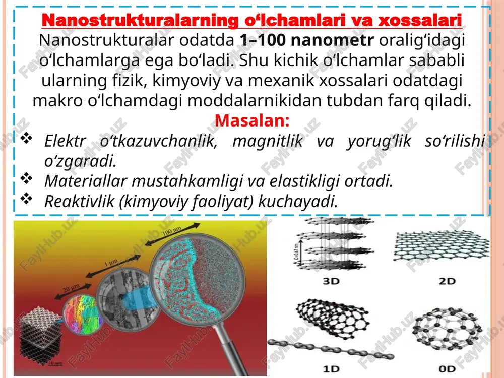 ar bugungi kunda deyarli barcha texnika va ilm-fan sohalarida asosiy innovatsion yo‘nalishlardan biri hisoblanadi. ular tufayli: materiallarning mustahkamligi, engilligi va bardoshligi ortmoqda; elektronika sohasida mikrochiplar va protsessorlar hajmi kichrayib, tezligi oshmoqda; tibbiyotda dori moddalarini aniq manzilga yetkazish, saraton hujayralarini erta aniqlash imkoniyati yaratilmoqda; energetikada esa quyosh batareyalari, yoqilg‘i elementlari va energiya saqlash tizimlarining samaradorligi oshirilmoqda. nanostrukturalar tufayli texnologiyalar tejamkor, samarali va atrof-muhitga kam zarar yetkazuvchi shaklga o‘tmoqda. kelajakdagi istiqbolli yo‘nalishlar nanotexnologiyaning rivojlanishi hali to‘liq chegarasiga yetgani yo‘q. kelajakda quyidagi yo‘nalishlar eng istiqbolli hisoblanadi: nanoelektronika va kvant kompyuterlar — ma’lumotni atom darajasida saqlash va qayta ishlash imkonini beradi; nanorobotlar — inson tanasida mustaqil harakatlanib, kasalliklarni aniqlash va davolash imkonini beradi; yashil energetika — nanomateriallardan foydalanib, energiyani tejaydigan va ekologik toza manbalarni rivojlantirish; nano-biosensorlar — sog‘liqni real vaqt rejimida nazorat qilish uchun kichik o‘lchamli sensorlar; yangi avlod qurilish materiallari — o‘zini tiklay oladigan, issiqlik va tovushni mukammal izolyatsiya qiluvchi nanokompozitlar. ilm-fan va …