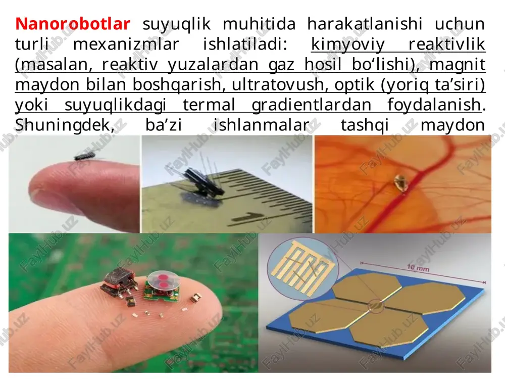 etkaziladigan nano-kapsula shaklida dori. qon tomirlarni tozalovchi nanobotlar ba’zi nanobotlar xolesterin tiqinlarini eritib yuborishi yoki ularni mayda bo‘laklarga ajratib tashlashi mumkin. bu ateroskleroz va yurak xurujining oldini olishda qo‘llaniladi. rak hujayralarini aniqlash va yo‘q qilish nanobotlar: o‘simta to‘qimasiga kiradi ph, harorat yoki fermentlar orqali rak joyini tanib oladi kimyoviy yoki issiqlik bilan hujayralarni yo‘q qiladi bu usulga "maqsadli terapiya" deyiladi. nanosensor nima? nanosensor – juda kichik o‘lchamli sensor bo‘lib, molekulyar darajadagi o‘zgarishlarni aniqlaydi va signalga aylantiradi. ular gazlar, viruslar, toksinlar, metabolitlar va biomarkerlarni sezadi. nanosensorlarning ishlash prinsipi nanosensorlar: zarrachani / gazni / molekulani ushlaydi yuzadagi o‘zgarish elektr, optik yoki mexanik signalga aylanadi ushbu signal kompyuter orqali qayd qilinadi tibbiyotdagi qo‘llanilishi qonda glyukoza darajasini real vaqt o‘lchash (diabetda) qon zardobida rak markerlarini aniqlash virus va bakteriyalarni erta topish organizmda kislorod darajasini o‘lchash nanosensorlarning afzalliklari juda yuqori sezgirlik tez javob beradi juda kichik o‘lchamli kam miqdordagi moddani ham aniqlaydi (mikro va nanogramm …