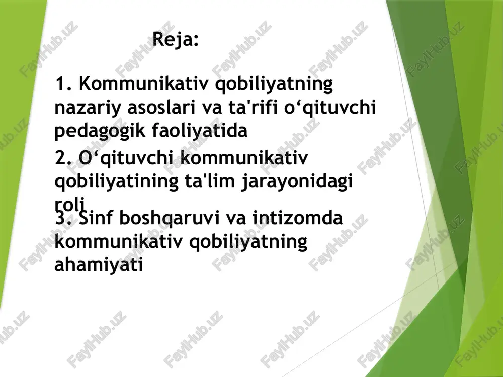 samarali erishishda hal qiluvchi ahamiyatga ega. ustozning motivatsiya va baholashdagi kommunikativ strategiyalari: 1) aniq maqsad va kutishlarni ifoda etish; 2) konstruktiv, tezkor feedback; 3) ijobiy kuchaytirish va maqtov; 4) ochiq savollar va dialog orqali faollashtirish; 5) tinglash va empatiya bilan o‘quvchi ishtirokini rag‘batlantirish; 6) kriteriyalar va rubrikalar yordamida shaffof baholash; 7) o‘zini va tengdoshini baholashni o‘rgatish; 8) madaniy va individual xususiyatlarga mos kommunikatsiya kommunikativ qobiliyatni rivojlantirish yo‘llari nutq madaniyatini o‘rganish. o‘z ustida ishlash, o‘qish, kuzatish. pedagogik treninglarda ishtirok etish. o‘quvchilar bilan ishonchli aloqa o‘rnatish. o‘qituvchi nutqining ahamiyati o‘qituvchi nutqi: darsning mazmunini yetkazadi. o‘quvchilarning diqqatini boshqaradi. tarbiyaviy ta’sir ko‘rsatadi. o‘qituvchi uchun ahamiyati o‘quvchilarda ishonch uyg‘otadi. dars jarayonini faol va qiziqarli qiladi. nizolarni oldini oladi. o‘quvchilarning motivatsiyasini oshiradi. pedagogik faoliyatda kommunikativ malakalar o‘qituvchi quyidagi malakalarga ega bo‘lishi lozim: 1. nutq madaniyati. 2. tinglay bilish va empatiya. 3. ta’sirchan muloqot olib borish. 4. axborotni aniq yetkazish. o‘qituvchining kasbiy mahoratida kommunikativ qobiliyat muhim o‘rin …