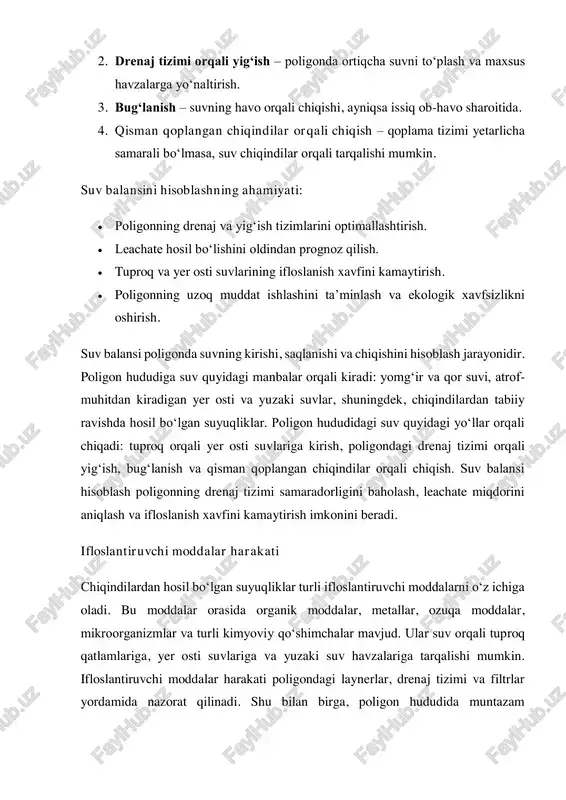 va leachate miqdorini nazorat qiladi. chiqindilarni qoplash va gaz chiqarish tizimi biologik parchalanish jarayonlarini boshqarishga yordam beradi. shu bilan birga, ekologik monitoring tizimi poligon hududidagi suv va tuproqning ifloslanish darajasini doimiy kuzatadi. bu ma’lumotlar asosida chiqindilarni boshqarish tizimi optimallashtiriladi va ekologik xavfsizlik ta’minlanadi. qattiq chiqindilar poligonlarida suv balansi va ifloslantiruvchi moddalar harakati atrof-muhitni himoya qilish va poligonning xavfsiz ishlashini ta’minlashda asosiy ahamiyatga ega. to‘g‘ri loyihalashtirilgan laynerlar, samarali drenaj tizimi va muntazam monitoring tizimi suv va ifloslantiruvchi moddalar tarqalishini nazorat qiladi, tuproq va suvning ifloslanish xavfini kamaytiradi va chiqindilarni boshqarish tizimini barqaror ishlashini ta’minlaydi. shu tarzda, chiqindilarning ekologik xavfsiz boshqaruvi ta’minlanadi va poligonlar uzoq muddat ishlashga moslashtiriladi. qattiq chiqindilarni boshqarish jarayonida standartlar — chiqindilarni yig‘ish, saqlash, transport qilish, qayta ishlash va utilizatsiya qilish bo‘yicha belgilangan qoidalar va me’yorlardir. standartlar ekologik xavfsizlikni ta’minlash, atrof-muhitning ifloslanishini kamaytirish, poligon va boshqa chiqindilarni boshqarish obyektlarining samarali ishlashini kafolatlashga xizmat qiladi. milliy standartlar o‘zbekistonda chiqindilarni boshqarish …