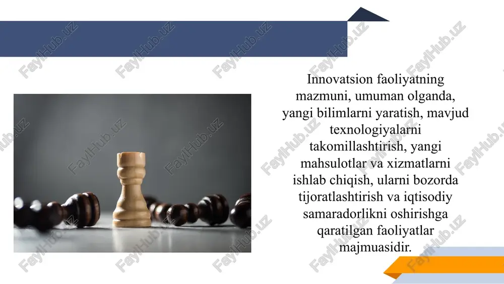 iversifikatsiya yordamida kompaniya yangi bozorlar, mahsulotlar yoki texnologiyalar yaratish orqali o'zining raqobatbardoshligini oshiradi va risklarni kamaytiradi. innovatsion faoliyatni diversifikatsiyalash tashkilotga o'z imkoniyatlarini kengaytirishga va kelajakda yuzaga kelishi mumkin bo'lgan noaniqliklarga qarshi mustahkam pozitsiya yaratishga yordam beradi. 5. yangi biznes modellarini yaratish 2 3 4 1 mahsulot diversifikatsiyasi texnologik diversifikatsiya strategik hamkorlik va qo'shimcha innovatsiyalar. bozor diversifikatsiyasi innovatsion faoliyatni diversifikatsiyalashning afzalliklari: kompaniyaga turli yo'nalishlarda faoliyat yuritish imkonini beradi, bu esa uning bozorga bo'lgan qaramligini kamaytiradi va raqobatbardoshligini oshiradi. c: turli bozorlar va mahsulotlar orqali faoliyat yuritish kompaniyaga bozorlar o'rtasidagi o'zgarishlarga qarshi chidamli bo'lish imkonini beradi. agar bir bozor yoki mahsulot yo'qolsa, boshqa bozorlar yordam beradi. : diversifikatsiya orqali kompaniya yangi texnologiyalar, bozorlar va mahsulotlar orqali o'sish va rivojlanish imkoniyatlarini ochadi. bu tashkilotning barqaror o'sishini ta'minlaydi. : kompaniya bir vaqtning o'zida bir nechta innovatsion yo'nalishlarni rivojlantirishi va resurslarini samarali taqsimlashi mumkin. bu ham kompaniya o'sishini, ham iqtisodiy samaradorligini oshiradi. raqobatbardoshlikni oshirish risklarni …