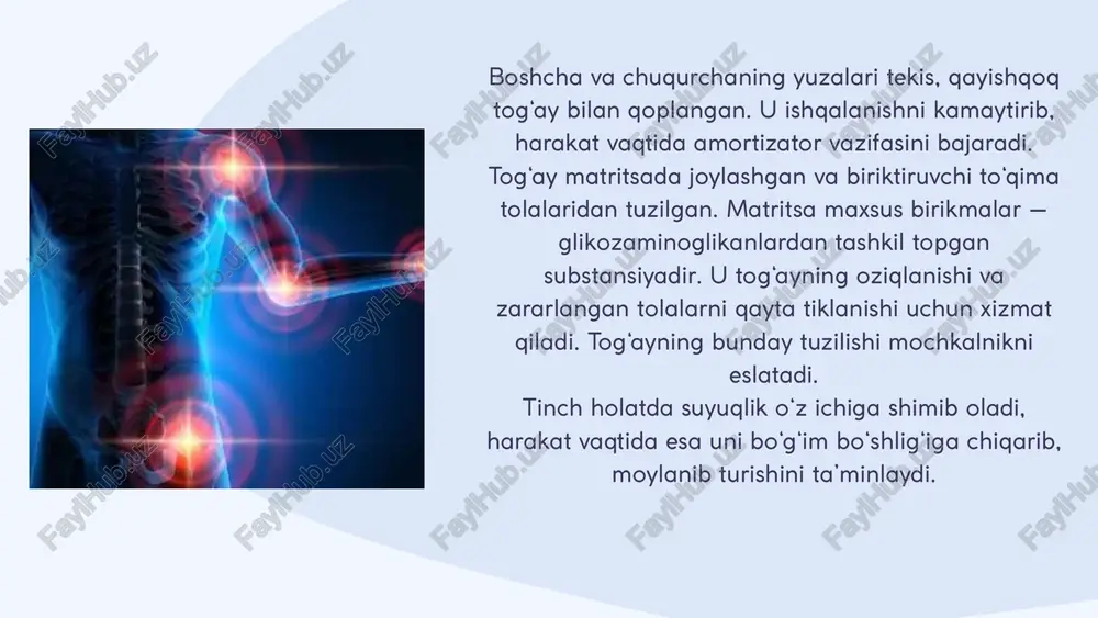 va mayda suyak bo‘laklarini aniqlash uchun ideal usul hisoblanadi. afzalligi: 3d rekonstruksiya va jarrohlik operatsiyalarini rejalashtirishda juda foydalidir. suyaklardagi o'zgarishlarni aniq va tezkor aniqlash kompyuter tomografiya (kt): katta jarrohlik operatsiyasiga nisbatan minimal tiqilganlik sababli bemarning tiklanish muddati sezilarli qisqaradi va yana to'g'ri hayotga qaytadi. tez tiklanish yoriqlar tiklanadi, infeksiyalangan to‘qimalar olib tashlanadi, aniqlangan muammolar to‘g‘ridan-to‘g‘ri bartaraf etiladi va reabilitatsiya jarayoni tezroq kechadi. davolash bo'g'imning ichidagi struktura to'g'ridan-to'g'ri kamera orqali ko'rilib, minimal kesish orqali diagnostika qilinadi. kuzatish artroskopiya: minimal invaziv jarrohlik va diagnostika ultrasonografiya — yumshoq to‘qimalar, sinovial o‘zgarishlar, bo‘g‘im suyuqligi miqdori, shuningdek, tendon va ligamentlarning holatini baholash uchun qulay hamda tezkor usul hisoblanadi. qo‘shimcha texnologiyalar: elastografiya (to‘qima qattiqligini baholash uchun), kompyuter yordamida diagnostika (cad — computer-aided diagnosis) va sun’iy intellekt asosida tahlil qilish. ultrasonografiya va qo‘shimcha texnologiyalar: diagnoz asosida shifokor har bir bemor uchun individual davolash strategiyasini tuzadi, ba'zi hollarda konservativ, ba'zi hollarda jarrohlik usullarini qo'llaydi. davolash jarayonida muntazam tekshiruvlar …