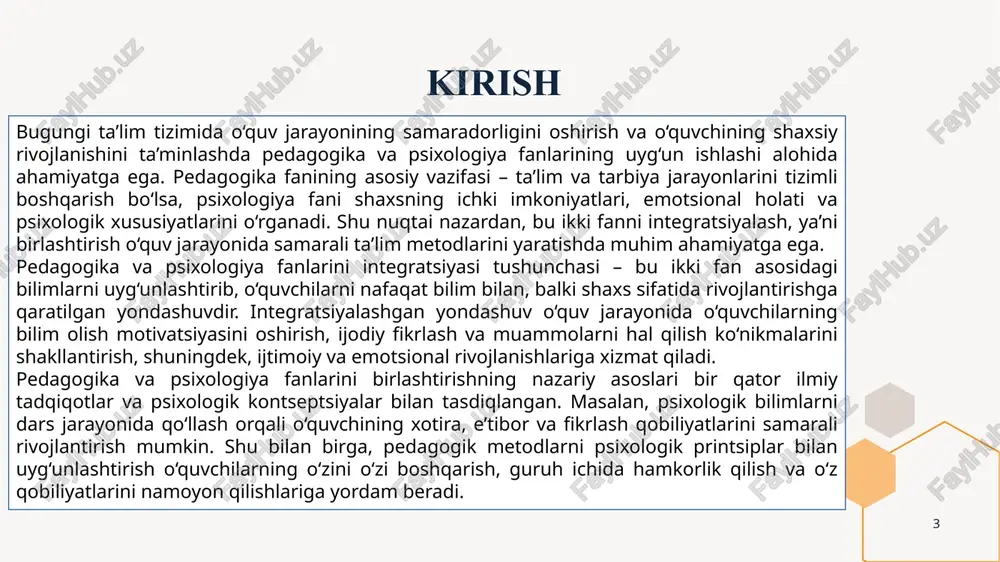 di. masalan, guruh ishlari va interaktiv metodlar o‘quvchilarda hamkorlik, bir-birini tinglash va fikr almashish qobiliyatlarini shakllantiradi. shu bilan birga, rol o‘yinlari va dramatizatsiya metodlari o‘quvchilarning emotsional xotira va empatiya qobiliyatlarini rivojlantirishga yordam beradi. nazvanie prezentatsii 6 amaliyotda pedagogika va psixologiya integratsiyasi bir qator metod va yondashuvlarni o‘z ichiga oladi. birinchidan, darsni interaktiv tarzda tashkil etish, ya’ni o‘quvchilarning faol ishtirokini ta’minlash muhimdir. masalan, muammoli vaziyatlar, muloqot va savol-javoblar orqali o‘quvchilar mustaqil fikrlashga o‘rgatiladi. ikkinchidan, o‘quv jarayonida motivatsiyani oshirish, ya’ni o‘quvchilarni qiziqtiradigan va ularni faoliyatga jalb qiladigan o‘quv materiallari va metodlarni qo‘llash zarur. bu yerda psixologik yondashuvlar yordamida har bir o‘quvchining qobiliyati va rivojlanish darajasi hisobga olinadi. shuningdek, pedagogika va psixologiya fanlarini integratsiyalashgan yondashuv darslarda shaxsning ijtimoiy va emotsional rivojlanishini ham rag‘batlantiradi. masalan, sinfda ijobiy mikro-muhit yaratish, o‘quvchilar o‘rtasida hamkorlikni rag‘batlantirish, stress va qiyinchiliklarga qarshi psixologik ko‘mak ko‘rsatish – bularning barchasi o‘quv jarayonining sifatini oshiradi. psixologik bilimlar yordamida o‘qituvchi o‘quvchilarning e’tiborini jamlash, …