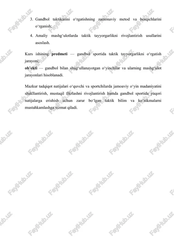 jismoniy jihatdan, balki fikrlash, kuzatish, tahlil qilish va tezkor qaror qabul qilish qobiliyatiga ega bo‘lishi zarur. gandbolda taktika sportchining intellektual faoliyatini rivojlantiradi, o‘yin jarayonida strategik fikrlashni kuchaytiradi va jamoaviy hamkorlikni ta’minlaydi. shu sababli, taktik tayyorgarlik sport tayyorgarligining eng muhim bo‘g‘inlaridan biri hisoblanadi. taktika turlari va ularning mazmuni gandbol o‘yinida taktika odatda individual, guruhli va jamoaviy turlarga bo‘linadi. 1. individual taktika — bu o‘yinchining o‘z harakatini raqibga qarshi kurash jarayonida to‘g‘ri tashkil etish qobiliyati. masalan, to‘pni olib yurishda raqibni chalg‘itish, zarba berishda aldov harakatlari yoki himoyada to‘g‘ri pozitsiya tanlash individual taktikaning namunasidir. 2. guruhli taktika — bu ikki yoki bir nechta o‘yinchining o‘zaro muvofiqlashtirilgan harakatlari. masalan, to‘pni uzatish kombinatsiyasi, devor tashkil qilish, “ikki-uch” hujumi kabi o‘zaro kelishilgan taktik harakatlar shular jumlasidandir. 3. jamoaviy taktika — bu butun jamoaning o‘yin davomida bir maqsad sari yo‘naltirilgan strategik harakatlari majmuasidir. bunda hujum va himoya tizimlari, o‘tish bosqichlari (hujumdan himoyaga va aksincha), o‘yin tezligini boshqarish …