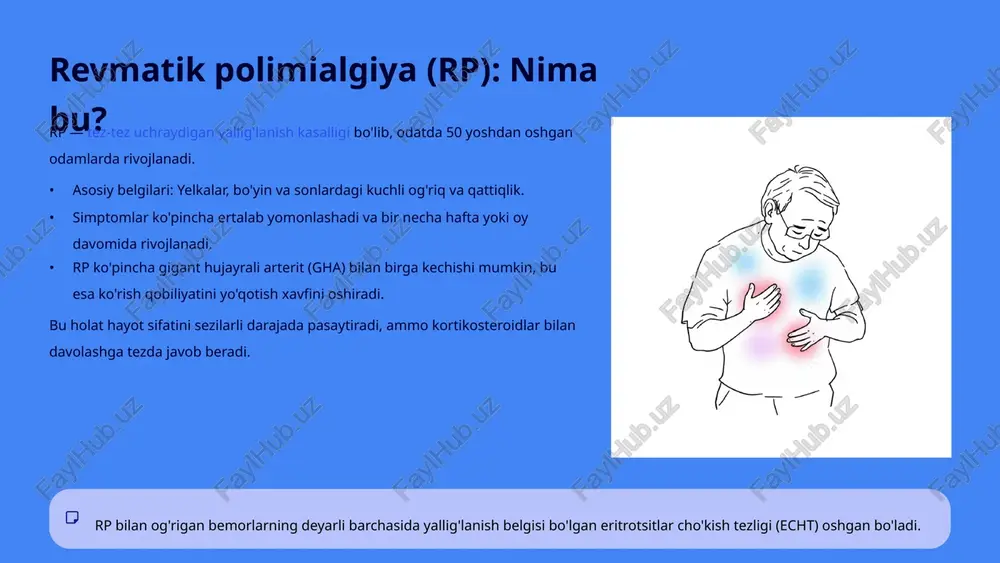 iladi. doimiy monitoring bemorning holatini, ayniqsa ra ga o'tish belgilarini (masalan, acpa darajasini) muntazam ravishda kuzatish zarur. 8 rp va prni farqlash: asosiy omillar bu ikki kasallikning o'xshashliklariga qaramay, ularning farqlari diagnostikada hal qiluvchi ahamiyatga ega. yallig'lanish xususiyati doimiy, surunkali (davolashsiz) epizodik, takrorlanuvchi, qisqa muddatli asosiy shikoyat joyi yelka/son belbog'larida qattiqlik va og'riq bo'g'imlarda og'riq va shish (har qanday bo'g'imda) yallig'lanish testlari echt/sro doimiy ravishda yuqori xuruj vaqtida yuqori, keyin normal boshlanish yoshi odatda > 50 yosh har qanday yoshda, ko'pincha 20-50 yosh 9 yakuniy xulosalar aniq diagnostika muhim rp va prni to'g'ri farqlash optimal davolash va raga o'tish xavfini boshqarish uchun zarur. rp: steroidlarga tez javob rp odatda past dozali kortikosteroidlar bilan tez va samarali davolanadi, bu esa bemorning prognozini sezilarli darajada yaxshilaydi. pr: uzoq muddatli nazorat prda koad (masalan, gidroksixloroxin) bilan uzoq muddatli davolash xurujlar sonini kamaytiradi va kasallikning rivojlanishini oldini oladi. 10 image1.png image2.png image3.png image4.png image5.png …