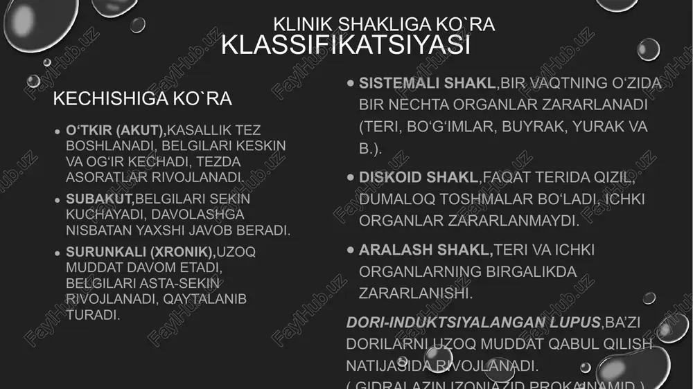 at qilish uchun asosiy dorilar. b) immunosupressiv dorila siklofosfamid • azatioprin • metotreksat • mikofenolat mofetil gormonal dorilar yetarli bo‘lmaganda yoki og‘ir holatlarda qo‘llaniladi (masalan, lupus nefriti). c) biologik terapiya (maqsadli davolash) • belimumab – b-limfotsitlarni faolligini kamaytiradi • rituksimab – immun tizimini chuqur bostiradi (og‘ir holatlarda) d) antimalaryal dorilar • gidroxloroxin (plaquenil) yoki xloroxin • teri toshmalari, artrit va fotosensitivlikni kamaytiradi • kasallikning yengil va o‘rta shakllarida asosiy dori hisoblanadi e) plazmaferez • qonda to‘plangan autoantitanachalar va immun komplekslarni tozalash usuli • og‘ir va dori bilan nazorat qilinmaydigan holatlarda qo‘llaniladi profilaktika 1. birlamchi profilaktika (kasallikni oldini olish) lupus rivojlanish xavfini kamaytirish uchun. • quyosh nurlaridan himoyalanish (spf 50+ krem ishlatish, soyabon yoki bosh kiyim kiyish) • infeksiyalarni vaqtida davolash va oldini olish • surunkali stressni kamaytirish, ruhiy barqarorlikni saqlash • dori vositalarini faqat shifokor nazorati ostida qabul qilish • sog‘lom turmush tarzi: • balanslangan ovqatlanish • yetarli uyqu (7–8 …