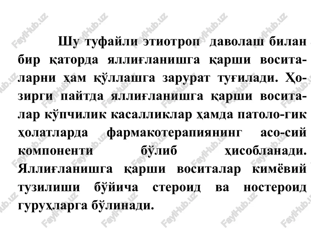 mbotsitlar miq-dorini kamaytiradi. atsetilsalitsilat kislota-si tromboksan biosintezini bloklab, trombo-tsitlar agregatsiyasini susaytiradi. bunday xusu-siyat natriy salitsilatda yo'q. salitsilatlar katta dozada gipotalamusni qo'zg'atishi hisobiga aktgning ajralishini va glyukokortikoidlarning qondagi miqdorini oshiradi. ular oqsil, yog' kislotalari va aminokislotalarning parchalanishini kuchayti-radi hamda sintezini susaytiradi. qandli diabetda giperglikemiyaning pasayishiga yordam beradi. salitsilatlar miy dan yaxshi so'riladi, to'qima to'siqlaridan yaxshi o'tadi. so'rilgan salitsilatlarning 50-55 % i oqsillar bilan birikadi. ular jigarda konyugatlar hosil qilib, peshob tarkibida o'zgarmagan qismi bilan birgalikda ajraladi. t1|2=10-12 soat. ko'rsatma: revmatizm; o'tkir va surunkali revma-toid kasalliklar; nevralgiya, mialgiya va artrit-larda og'riqsizlantirish hamda isitma tushirish maqsadida nojo'ya ta'sirlari: ko'ngil aynish, qayt qilish, me'dada yara hosil bo'lishi, quloq shang'illashi, al-lergik reaktsiyalar, ayrim hollarda idiosinkraziya o'tkir zaharlanish: bosh og'rig'i, quloq shang'il-lashi, ruhiy buzilishlar, ko'rishning buzilishi, ko'ngil aynish, qayt qilish, respirator alkaloz, gipokaliemiya, to'qimalar degidratatsiyasi, tana haroratining ortishi. surunkali zaharlanish: – salitsilizm, yuqorida-gilardan tashqari gemorragiyalar, terida toshmalar metilsalitsilat – rangsiz o'ziga xos aromatik hidli suyuqlik, suvda …