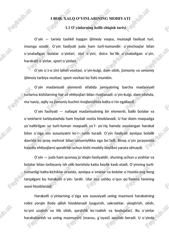uloqtirish, otish, to`pni uzatish va ilib olish, qarshilik ko`rsatish va boshqalar). bu o`yinlar harakatlanish va uning mazmunini (mavzu, g`oyasi) asoslab beradi. u o`yinda qo`yilgan maqsadga erishish yo`lida, turli-tuman qiyinchiliklarni, to`siqlarni yengib o`tishiga yo`naltiriladi. harakatli o`yinlarning orasida haqiqatan ham (elementar) hara​katli o`yinlar va sport o`yinlari bilan farq qiladi. haqiqatan ham harakatli o`yinlar o`ynovchilarning o`zlarini ixtiyoriy ravishda o`r- natilgan, maqsadga shartli ravishda erishishga yo`naltirilgan, o`zida ongli ravishda tashabbuskorlik faoliyatini mujassamlashtirgan bo`ladi. o`ynovchilarning maqsadga erishishida faol harakatlantiruvchi hara- kat talab qiladi, uni bajarishi o`ynovchilarni o`zlarining ijod qilishiga va tashabbuskorligiga bog`liqdir (nishonga tezda yugurib borish, nishonga tez otish, «raqibi»ga tez va epchillik bilan yetib olish yoki undan o`zib ketish va hokazo). harakatli o`yinlar qoidalar bilan belgilanadi. sport o`yinlaridan farqli o`laroq, harakatli o`yinlar qoidalariga shart-sharoitdan kelib chiqib kelishilgan holda o`zgartirish kiritish mumkin. o`yin qoidasi maqsadga erishish yo`lida o`yindagi qiyinchiliklarni va to`siqlarning xarakterini aniqlaydi. haqiqatan ham harakatli o`yinlar o`yin qatnashchilaridan maxsus tayyorgarlikni talab qilmaydi. shuning uchun …
