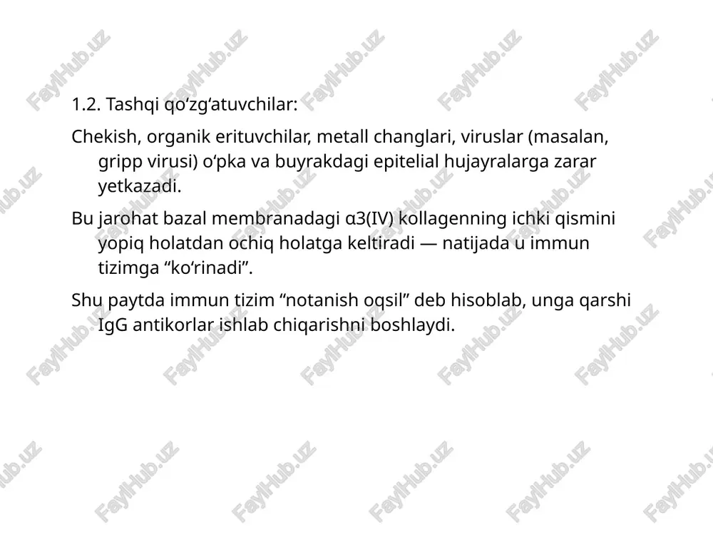 zmi: bu usulda bemorning qon plazmasi olinadi va anti-gbm antikorlar chiqarib tashlanadi. har kuni yoki har ikkinchi kuni 2–4 litr plazma almashtiriladi (10–14 seans). natijada qon zardobidagi antikor miqdori kamayadi, immun hujum to‘xtaydi. 5.2. immunosupressiv terapiya: kortikosteroidlar (metilprednizolon 1 g/kun 3 kun, keyin peroral prednizolon): yallig‘lanish mediatorlarini kamaytiradi. endotelial shikastlanishni to‘xtatadi. siklofosfamid (2 mg/kg/kun): b-limfotsitlar faoliyatini to‘xtatadi. yangi antikor ishlab chiqilishini oldini oladi. rituksimab (anti-cd20 antikor) — yangi davolash yondashuvi; b-hujayralarni to‘liq yo‘q qiladi, qaytalanishni kamaytiradi. 5.3. simptomatik davo: buyrak faoliyati tiklanmasa — gemodializ. o‘pka qon ketishida — kislorod, mexanik ventilyatsiya. infeksiyalardan himoya — profilaktik antibiotiklar. 40 yoshli ayolda bo‘g‘imlarda ertalabki qotishish, bilak bo‘g‘imlarida shish va og‘riq, rf (revmatoid faktor) ijobiy. kasallik 6 oydan beri davom etmoqda. eng ehtimoliy tashxis? a) osteoartroz b) revmatoid artrit c) podagra d) reaktiv artrit e) sle (sistemali qizil volchanka) sistemali qizil volchanka (sle) uchun eng xarakterli laborator belgini toping: a) rf ijobiy bo‘lishi b) …