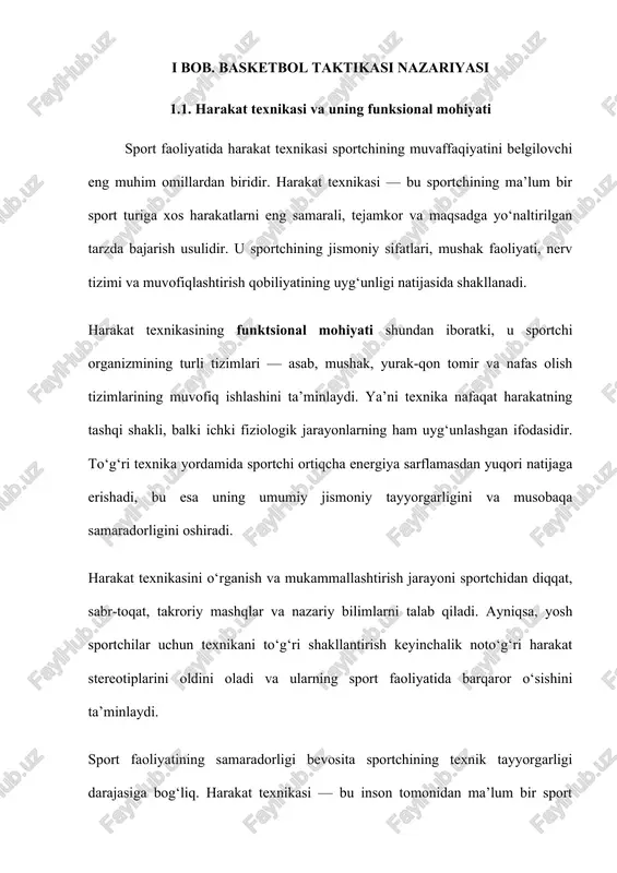 dorlikni oshiradi. harakat texnikasini shakllantirish sportchini tayyorlash jarayonining eng muhim bosqichlaridan biri hisoblanadi. chunki noto‘g‘ri o‘zlashtirilgan texnika nafaqat sport natijalarini pasaytiradi, balki jarohatlanish xavfini ham oshiradi. shu boisdan, murabbiylar yosh sportchilarda texnikani o‘rgatishda bosqichma-bosqich yondashuvni qo‘llaydilar: avval soddalashtirilgan harakatlardan boshlanib, keyin murakkab holatlarga o‘tiladi. bundan tashqari, harakat texnikasini o‘rgatishda individual yondashuv ham muhim o‘rin tutadi. har bir sportchining anatomo-fiziologik xususiyatlari, tayyorgarlik darajasi va harakat koordinatsiyasi o‘ziga xos bo‘lganligi sababli, texnikani shakllantirish jarayoni ham shunga mos ravishda tashkil etilishi kerak. shu asosda aytish mumkinki, harakat texnikasi nafaqat sportchi harakatining tashqi shakli, balki uning ichki — funksional mohiyatining ifodasidir. texnika mukammallashgan sayin sportchi harakatlari yanada iqtisodiy, tezkor va samarali tus oladi. mazkur ishda harakat texnikasining mazmuni, funksional mohiyati, uni o‘rgatish va takomillashtirish jarayonlari tahlil qilinadi hamda bu jarayonning sportchi tayyorgarligidagi o‘rni yoritiladi. harakat texnikasi — bu sportchining harakat faoliyatini eng maqbul, samarali va iqtisodiy shaklda bajarish usulidir. u sport turiga xos harakatlarning …
