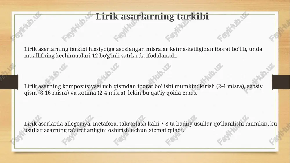 zaro munosabatlarini ochib beradi, 2) konfliktni kuchaytiradi va 3) tomoshabinga voqea haqida 4) muhim ma'lumot beradi. dramatik asarlarda konflikt 1) ichki (qahramonning o'zi bilan kurashi) yoki 2) tashqi (qahramonning boshqalar bilan kurashi) bo'lishi mumkin, 3) dialoglar bu ikki turdagi konfliktni ham aks ettiradi. lirik asarlarda til va uslub uslub, ko'pincha, metaforalar, o'xshatishlar va takrorlash kabi badiiy vositalardan foydalangan holda, ohangdorlik va ritmni ta'minlash uchun she'riy shakllar bilan xarakterlanadi. lirik asarlarda til, odatda, juda hissiy va shaxsiy bo'lib, sub'ektiv kechinmalar va tuyg'ularni ifodalash uchun 1-shaxs nuqtai nazaridan foydalanadi. lirik asarlarda leksika tanlovi muhim ahamiyatga ega, chunki har bir so'z ma'lum bir hissiy yukni olib yuradi va asarning umumiy ta'sirini 100 foizga yetkazishga yordam beradi. epik asarlarda til va uslub epik asarlarda til, ko'pincha 9-11 bo'g'inli barmoq vaznida bo'lib, tasviriy san'atlar, xususan, metafora va similelardan keng foydalanadi, bu esa voqeani jonlantiradi. qahramonlarning nutqi, ularning ijtimoiy kelib chiqishi va xarakterini aks ettiruvchi o'ziga …