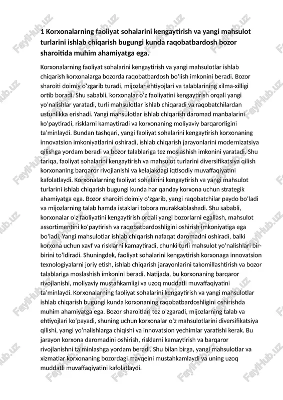 korxonalarning faoliyat sohalarini kengaytirish va yangi mahsulot turlarini ishlab chiqarish bugungi kunda har qanday korxona uchun strategik ahamiyatga ega. bozor sharoiti doimiy o‘zgarib, yangi raqobatchilar paydo bo‘ladi va mijozlarning talab hamda istaklari tobora murakkablashadi. shu sababli, korxonalar o‘z faoliyatini kengaytirish orqali yangi bozorlarni egallash, mahsulot assortimentini ko‘paytirish va raqobatbardoshligini oshirish imkoniyatiga ega bo‘ladi. yangi mahsulotlar ishlab chiqarish nafaqat daromadni oshiradi, balki korxona uchun xavf va risklarni kamaytiradi, chunki turli mahsulot yo‘nalishlari bir-birini to‘ldiradi. shuningdek, faoliyat sohalarini kengaytirish korxonaga innovatsion texnologiyalarni joriy etish, ishlab chiqarish jarayonlarini takomillashtirish va bozor talablariga moslashish imkonini beradi. natijada, bu korxonaning barqaror rivojlanishi, moliyaviy mustahkamligi va uzoq muddatli muvaffaqiyatini ta’minlaydi. korxonalarning faoliyat sohalarini kengaytirish va yangi mahsulotlar ishlab chiqarish bugungi kunda korxonaning raqobatbardoshligini oshirishda muhim ahamiyatga ega. bozor sharoitlari tez o‘zgaradi, mijozlarning talab va ehtiyojlari ko‘payadi, shuning uchun korxonalar o‘z mahsulotlarini diversifikatsiya qilishi, yangi yo‘nalishlarga chiqishi va innovatsion yechimlar yaratishi kerak. bu jarayon korxona daromadini oshirish, …