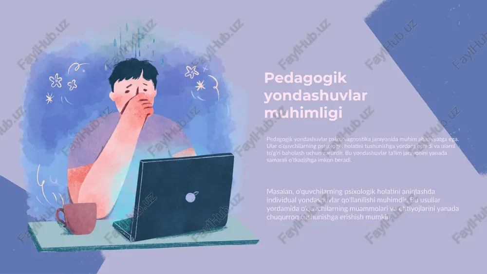 bo'lishi psixologik testlar o'tkazish uchun juda muhimdir. ikkinchidan, testlarni o'tkazish uchun mos jihozlar va materiallar ta'minlanishi lozim, chunki bu jarayonda aniqlik va ishonchlilikni ta'minlaydi. nihoyat, psixolog mutaxassislari tajribali va malakali bo'lishi zarur, chunki ularning bilimlari va ko'nikmalari natijalarga bevosita ta'sir qiladi. tavsiyalar 1. psixodiagnostika o'tkaziladigan joyni tinch va shovqinlardan holi qilish. 2. mutaxassislar uchun zarur bo'lgan barcha jihozlar va materiallarni oldindan tayyorlash. 3. psixologik testlarni o'tkazish uchun mutaxassislarning doimiy ravishda malakasini oshirishga e'tibor qaratish. ommaviy misollar maktablarda psixodiagnostika jarayonlari o'qituvchilar va psixologlar o'rtasida hamkorlikni talab etadi, bu esa o'quvchilarni yaxshiroq tushunishga yordam beradi. klinikalarda esa, muhit bemorlarning ruhiy holatini inobatga olish va shifokorlar tomonidan bemorlarga individual yondashuvni ta'minlash uchun muhimdir. psixodiagnostik jarayon uchun muhitning ahamiyati psixodiagnostik jarayonning muvaffaqiyati bir qator omillarga bog'liq. ushbu jarayon uchun muhit, ya'ni o'quv muassasasi, o'qituvchilar va talabalarning psixologik holati juda muhimdir. o'quv muhitining qulayligi va psixologik xavfsizlik, talabalar va o'qituvchilar o'rtasida ishonchli aloqalarni shakllantirishga yordam …