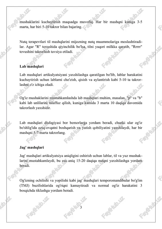 ish, bosim, vibratsiya, proprioziya (tana holati) va ta'mni yaxshilashga qaratilgan. masalan, 5-10 soniya davomida muz bo'lagini lablar atrofida aylantirish harorat sezgisini kuchaytiradi va ovqatlanishda og'iz a'zolarining reaktsiyasini yaxshilaydi. turli xil teksturali (masalan, qo'pol, silliq) materiallardan foydalanish vibratsiya va bosim sezgilarini rivojlantiradi, nutq aniqligi va ovqatni qayta ishlashga yordam beradi. yutish mashqlari yutish mashqlari, masalan, mendelson manevri, hiqildoq ko'tarilishini 2-3 soniya ushlab turishni o'z ichiga oladi, bu esa hiqildoqning yuqori harakatini oshiradi. og'iz bo'shlig'i mashqlari tilning harakatchanligini yaxshilaydi, tilni oldinga, orqaga va yon tomonlarga 10-15 marta harakatlantirish orqali yutishning 3 bosqichiga ta'sir qiladi. boshni egish mashqlari, masalan, chin-tak mashqi, ovqatning nafas yo'liga tushish xavfini kamaytiradi va hiqildoqni 45 daraja burchak ostida egishni o'z ichiga oladi. nutqning ravonligi mashqlari "nafasni nazorat qilish" mashqlari nutqning ravonligini yaxshilashga yordam beradi, bunda 4-5 soniya davomida nafas olish va 6-7 soniya davomida sekin nafas chiqarish muhim. "bo'g'inlarni cho'zish" mashqlari orqali og'iz bo'shlig'idagi mushaklarning harakatchanligini oshirish orqali …