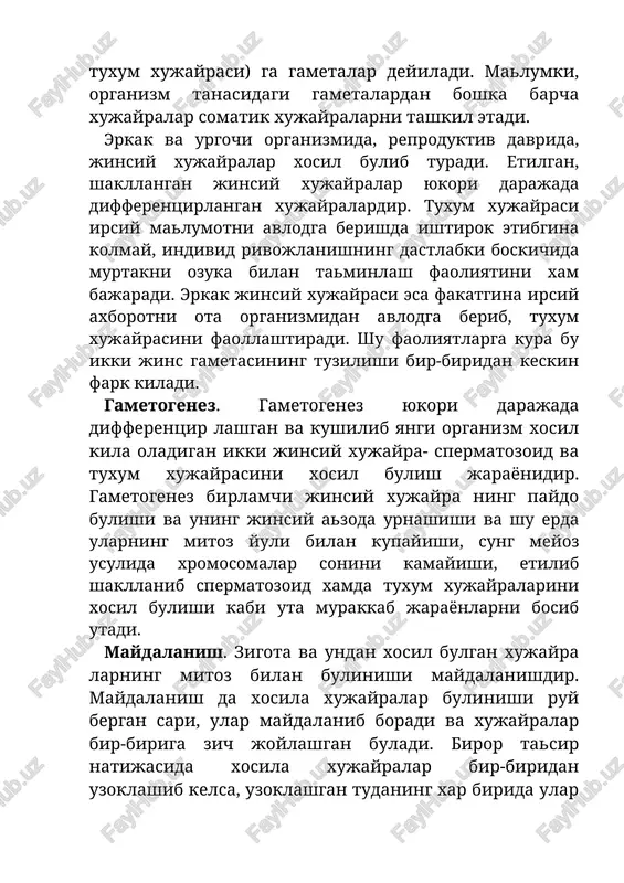 mitoz yuli bilan kupayishi, sung meyoz usulida xromosomalar sonini kamayishi, etilib shakllanib spermatozoid xamda tuxum xujayralarini xosil bulishi kabi uta murakkab jarayonlarni bosib utadi. maydalanish. zigota va undan xosil bulgan xujayra larning mitoz bilan bulinishi maydalanishdir. maydalanish da xosila xujayralar bulinishi ruy bergan sari, ular maydalanib boradi va xujayralar bir-biriga zich joylashgan buladi. biror tasir natijasida xosila xujayralar bir-biridan uzoklashib kelsa, uzoklashgan tudaning xar birida ular uz xolicha maydalanish davom etadi va xar bir tuda aloxida organizmni xosil kiladi, natijada bir tuxumli egizaklar vujudga keladi. maydalanayotgan xujayralar orasida bushlik blostotsel paydo bulib, maydalanish nixosida blastula shakllanadi. blastula kup xujayrali pufaksimon murtak. blastula devori-blastoderma xayvon turiga xos ravishda bir kavat yoki kup kavatli xujayralar-blastomerlardan iboratdir. gastrulyatsiya. gastrulyatsiya jarayoni murakkab bulib, blastula xujayralarini siljishi va uzaro ta'siri natijasida ikki kavatli murtak xosil kiladi. bu kavatlar ektoderma va entoderma-embrional varaklar bulib, ulardan uchinchi embrional varak-mezoderma bunyodga keladi. gastrulyatsiya 4 tipi tafovut etiladi. 1. …