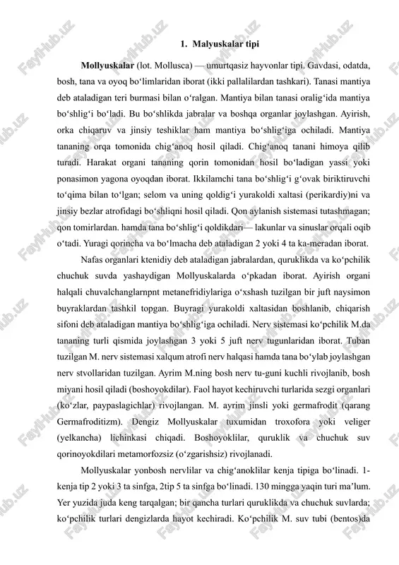 llyuskalar suv xayvonlari uchun oziqsifatida katta ahamiyatga ega. bir qancha turlari (ustritsalar, kalmarlar, midiyalar, dengiz taroqchalari, tok shilligʻi) isteʼmol qilinadi. marvariddorlardan marvarid olinadi. marvariddorlar, midiyalar maxsus koʻpaytiriladi (qarang akvakultura). quruklikdatarqalgan ayrim m. (tok shilliq qurti, yalangʻoch shilliq) ekinlarni yeb, katta ziyon keltiradi. chuchuk suv shilligʻi jigar qurtining oraliq xoʻjayini hisoblanadi. 1. ikki pallaliylar sinfining umumiy tavsifi ikki pallalilar, plastinkajabralilar (bivalvia, lamel-libranchiat) —mollyuskalar tipining sinfi. tanasining uzunligi bir necha mm dan 1,5 m gacha, vazni 30 kg , baʼzan 200 kg gacha (tridakna), bilaterial simmet-riyali, yon tomondan yassilangan gavda va oyoqdan iborat. boshi boʻlmaydi. koʻpchiligining oyogʻi bitta, ponasimon; tuban tuzilgan turlarida yassi; harakatsiz yopishib yashaydigan turlarining oyogʻi reduksiyaga uchragan (midiyalar, dreyssenalar) yoki yoʻqolib ketgan (ustritsalar). koʻpchilik ikki pallalilar oyogʻidagi bissus bezlari ishlab chiqaradigan bissus iplari yordamida sub-stratga mahkam yopishib olib yashaydi. tanasi mantiya bilan qoplangan. chigʻanogʻi tanasini yon tomondan yopib turuvchi ikkita palladan iborat. chigʻanogʻining ichki tomoni koʻpincha sadaf bilan qoplangan. …