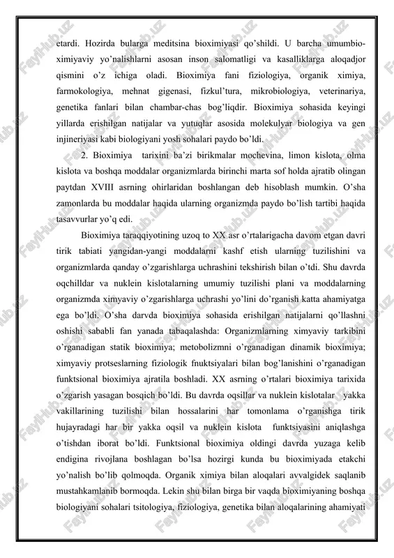 ioximiya; ximyaviy protseslarning fiziologik fnuktsiyalari bilan bog’lanishini o’rganadigan funktsional bioximiya ajratila boshladi. xx asrning o’rtalari bioximiya tarixida o’zgarish yasagan bosqich bo’ldi. bu davrda oqsillar va nuklein kislotalar yakka vakillarining tuzilishi bilan hossalarini har tomonlama o’rganishga tirik hujayradagi har bir yakka oqsil va nuklein kislota funktsiyasini aniqlashga o’tishdan iborat bo’ldi. funktsional bioximiya oldingi davrda yuzaga kelib endigina rivojlana boshlagan bo’lsa hozirgi kunda bu bioximiyada etakchi yo’nalish bo’lib qolmoqda. organik ximiya bilan aloqalari avvalgidek saqlanib mustahkamlanib bormoqda. lekin shu bilan birga bir vaqda bioximiyaning boshqa biologiyani sohalari tsitologiya, fiziologiya, genetika bilan aloqalarining ahamiyati keskin ortib bormoqda. hayot faoliyatini fizik-kimyoviy va molekulyar fizik aoslarini o’rganadigan bioximiya sohasi fizik-ximyaviy biologiya deb ataladi. 1921 yilda akdemik a.n.bax rahbarligida birinchi bo’lib sog’liqni saqlash xalq kamissarligiga qarashli biokimyo ilmiy tekshirish instituti tashkil qilindi va bu institut hozirda uning nomi bilan ataladi. keyinchalik 1925 yilda a.v.palladin rahbarligida ukraina respublikasi fanlar akademiyasida bioximiya instituti tashkil qilindi. chet el olimlaridan …