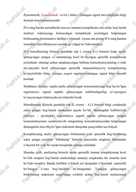 spetsefik immunokimyoviy kompleksning ko’paytirilishi bilan, ayniqsa yuqori registratsiyalangan signal bilan kuzatib boriladi. shubhasiz, bunday vaqtda analiz qilinayotgan konsentratsiyaga bog’liq bo’lgan registratsiya signali taqdim qilinayotgan kalibrlashgrafigi (o’sayotgan) ko’payayotgan funksiyada tasvirlanishi kerak. metodlarning ikkinchi guruhida (tip ii, sxema – 4,1) ferment belgi yordamida erkin qolgan bog’lanish markazlari paydo bo’ldi. shuningdek kalibrlovchi (krivaya - qiyshiqlik) registratsiya signali tajriba qilinayotgan antigen konsentratsiyasini xarakterlovchi antigenning konsentratsiyasidan belgilangan darajagacha muvofiq bo’lgan maksimal darajadan pasayishini tasvirlaydi. kompleksning analiz qilinayotgan birikmasini yoki spetsefik bog’lanishning erkin qolgan joylarini “bilishning” birinchi jarayonida miqdoriy baholashni o’tkazish bir yoki bir necha bosqichda amalga oshiriladi. shunday qilib, analizning birinchi tipida spetsefik immun kompleksning hosil bo’lish miqdori bog’lanish markazidagi umumiy miqdordan bir muncha kam bo’lishi mumkin. bunda faollikni o’lchash nol darajadan o’tkaziladi. (spetsefik bo’lmagan o’zaro bog’lanishlar bo’lmaganda). tadqiqot qilinayotgan birikmaning maksimal sezgirligiga erishish uchun bog’lanish markazining keragidan ortiq bo’lishi kerak, shunda hosil bo’layotgan spetsifik kompleks konsentratsiyasi maksimal bo’ladi. ii tipdagi analizda birinchi bosqichda hosil …