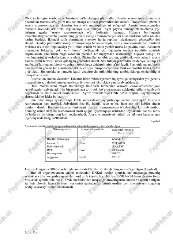 g antibiotiklarga chidamliligini nihoyatda oshiradi. restriksion endonukleazalar. tabiatda biror mikroorganizm hujayrasiga tashqaridan yot genetik material kirsa, u darhol hujayra nukleaza fermentlari ishtirokida parchalab tashlanadi. dnk molekulasini mayda bo‘laklarga bo‘luvchi fermentlar kesuvchi endonukleazalar yoki restriktazalar deb ataladi. har bir restriktaza to‘rt yoki ko‘proq maxsus nukleotid juftlarni tanib olib bog‘lanadi va dnk molekulasini kesadi. ayrim restriktazalar dnk qo‘sh zanjirini qaychi singari shartta ikki bo‘lakka bo‘ladi. shu bilan birga qo‘sh zanjir dnk molekulasini «yopishqoq» uchlar hosil qilib kesuvchi restriktazalar ham mavjud. jadvaldagi eco rl, bamhl (eko er bir, bam ash bir) kabilar shular jumlasi- dandir. bu restriktazalar funksiyasi jihatdan transpozazaga o‘xshashligi ko‘rinib turibdi. shuning uchun ham bu restriktazalar hosil qilgan «yopishqoq» uchlardan foydalanib, har xil dnk bo‘laklarini bir-biriga bog‘lash soddalashadi. ana shu xususiyati tufayli bu xil restriktazalar gen injeneriyasida keng qo‘llaniladi. 1-jadval ayrim restriktazalar tanib kesadigan nukleotidlar ketma-ketligi quyidagi jadvalida berilgan: mikroorganizm qisqartirib yozilishi nukleotid izchilligi 5’— 3’,3’—5’ bacillus amulolique g‘gatcc faciens h …