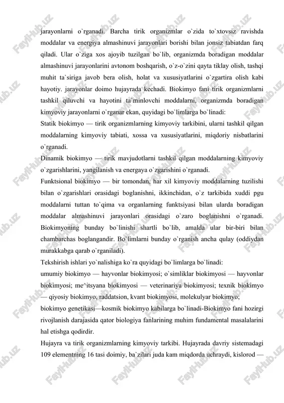 biokimyosi — veterinariya biokimyosi; texnik biokimyo — qiyosiy biokimyo, raddatsion, kvant biokimyosi, molekulyar biokimyo; biokimyo genetikasi—kosmik biokimyo kabilarga bo`linadi-biokimyo fani hozirgi rivojlanish darajasida qator biologiya fanlarining muhim fundamental masalalarini hal etishga qodirdir. hujayra va tirik organizmlarning kimyoviy tarkibi. hujayrada davriy sistemadagi 109 elementning 16 tasi doimiy, ba`zilari juda kam miqdorda uchraydi, kislorod — 65-75%, vodorod — 8-10%, uglerod — 15-18%, azot — 1,5-3%. kislorod miqdori, ayniqsa ko`p bo`ladi, 98% ni tashkil etadi, ya`ni: i) o, n, s, m, 5, r, k, sa, na, md, s1, re — makroelementlar; ii) so, si, 2p, mp, mo, n1, sy, 5g, va, ve, u,0 langan guruchdan tayyorlangan ovqatlarni ko`proq iste`mo qilishlari kerak, yosh organizm o`sishining sekinlashuvi, ko`z shox pardasi va terining zararlanishi, shapko`rlik.hayvonot yogi, baliq, tuxum,sut, jtsgar, sabzi, pomidor va boshq. 2, d — ergokal tsiferol bolalarda raxit kasalligi,baliq moyi, ji-gar, tuxum sari-gi, ter.ida quyosh nuri ta`sirida sintezlanadi 0,025 ch 3. e— tokofe-rol 4. …