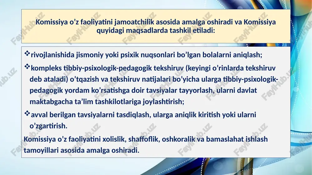 n ma’lumotlarni oshkor etmaslik; tekshiruv o’tkazishda bolalar hayoti va sog’lig’i xavfsizligini ta’minlash. komissiya yig’ilishi bir oyda kamida bir marta o’tkaziladi. komissiya yig’ilishini o’tkazish davriyligi murojaatlar soniga va davlat maktabgacha ta’lim tashkilotlarda bo’sh joylar borligiga qarab, rivojlanishida jismoniy yoki psixik nuqsonlari bo’lgan bolalarning ma’lumotlar bazasi tahlili asosida aniqlanadi. komissiya yig’ilishi unda komissiya a’zolari umumiy sonining kamida to’rtdan uch qismi ishtirok etsa, vakolatli hisoblanadi. komissiya kotibi komissiya a’zolarini komissiya yig’ilishi o’tkaziladigan sana haqida kamida uch kun oldin xabardor qiladi. bolaning qonuniy vakili arizasi; bolaning qonuniy vakillari pasportining asl nusxasi va ko’chirma nusxasi; bolaning tug’ilganlik haqidagi guvohnomasining asl nusxasi va ko’chirma nusxasi; o’zbekiston respublikasi sog’liqni saqlash vazirligi tomonidan tasdiqlangan shakl bo’yicha bolaning tibbiy kartasi va profilaktik emlash kartasi; davolash-profilaktika muassasasining bosh vrachi tomonidan imzolangan bolaning rivojlanishi tarixidan mufassal ko’chirma, quyidagi mutaxassislarning xulosalari bilan birga: pediatrning bolaning umumiy rivojlanishi holati to’g’risidagi xulosasi; psixonevrologning xulosasi (faqat nutqiy, psixik va aqliy rivojlanishda nuqsonlari bo’lgan bolalar uchun), …