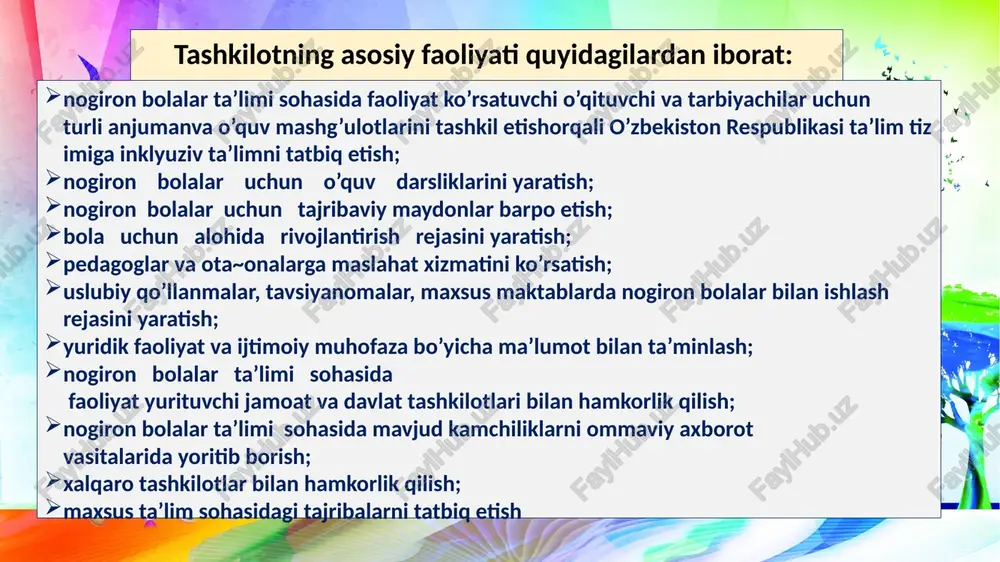 hni egallagan) bolalar va o’smirlar; kar (muloqot darajasida nutqi bo’lgan, o’qishva yozishni egallagan)bolalar va o’smirlar “imkoniyati cheklangan bolalar va o’smirlar uchun inklyuziv ta’lim muvaqqat nizom” asosida respublikamizda inklyuziv ta’lim tizimining quyidagi huquqiy-ijtimoiy asoslari yaratildi: bolani ijtimoiy hayotga tayyorlashda yoshi, jinsi irqi, millatidan qat’iynazar o’z.res.konstitusiyasining moddasiga asosan barcha bolalar umumta’lim jarayoniga kiritish va ijtimoiy hayotga moslashtirish lozimligi belgilangan; har bir bola o’zining qiziqishi qobiliyati, va ehtiyojiga ko’ra mos ravishda bilim olishi huquqiga ega; ta’lim dasturini ishlab chiqishda va amalga oshirishda o’ziga xoslik va ehtiyojlarning turli-tumanligini nazarda tutish; har bir bola tengdoshlar qatori bilim olish huquqiga ega bo’lishi; bolani ta’limga emas, balki ta’limni bolani ehtiyojiga ko’ra tashkil etilishi; bolan muhtojligi va imkoniyatini e’tiborga olgan holda ta’lim metodologiyasini, o’quv rejalarni ixcham bo’lishini qo’llab-quvvatlash hamda baholash; inklyuziv ta’lim muammoni bolada emas, tizimda ekanligini aniqlaydi, bolaga qulay shart-sharoit yaratishni ta’minlaydi; bolani shaxsiy ehtiyojiga qarab korreksionpedagogik va ijtimoiy yordamni tashkil qiladi. toshkentning yakkasaroy tumanida 2019 yil …