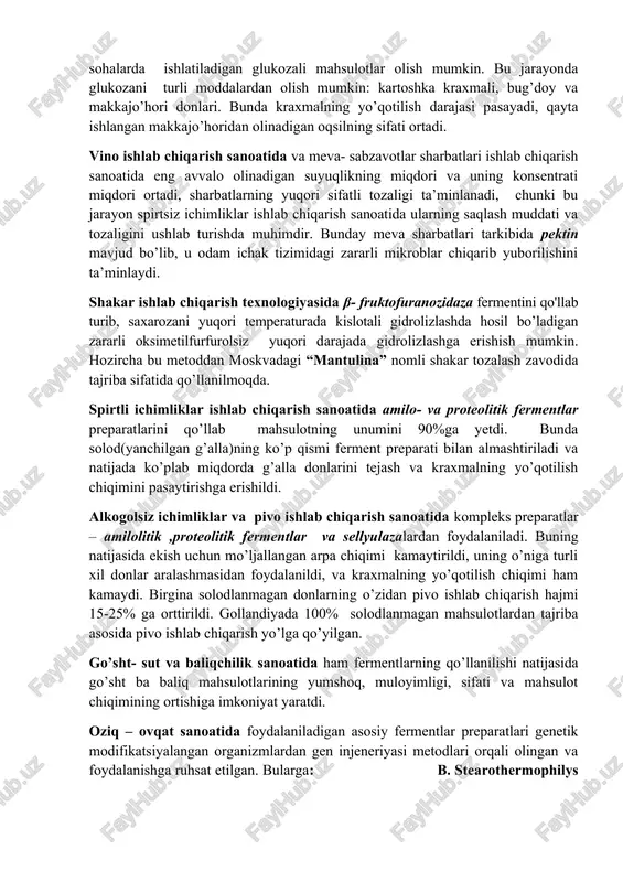n. go’sht- sut va baliqchilik sanoatida ham fermentlarning qo’llanilishi natijasida go’sht ba baliq mahsulotlarining yumshoq, muloyimligi, sifati va mahsulot chiqimining ortishiga imkoniyat yaratdi. oziq – ovqat sanoatida foydalaniladigan asosiy fermentlar preparatlari genetik modifikatsiyalangan organizmlardan gen injeneriyasi metodlari orqali olingan va foydalanishga ruhsat etilgan. bularga: v. stearothermophilys dan, v. megateriumdan olingan α- amilaza, proximozin a genini tutuvchi e.coli k-12 shtammidan olingan ximozin a fermentlari kiradi. hozirgi kunda oziq- ovqat sanoatining turli sohalarida, turli bosqichlarida ferment preparatlaridan juda keng foydalanilmoqda. ferment preparatlari qandolatchlik sohasida ham qo’llaniladi. unchalik ko’p miqdorda bo’lmasa ham ularning rolini baholash juda qiyin. turli xil texnologik effektlarning muvaffaqiyatli chiqishida, ishlab chiqarishning iqtisodiy yuksalishida va tayyor mahsulotlarga istalgan moddalarni qo’shishda juda katta. quyida germaniyaning ab enzymes kompaniyasi tomonidan foydalaniladigan preparatlarning ayrimlari haqida keltirib o’tamiz. ferment preparatlari biskvit yarimfabrikatlarini ishlab chiqarishda ishlatilishi: biz bilamizki, tuxum qandolatchilik sohasida azaldan tabiiy emulgator sifatida foydalanilib kelinadi. tuxumning sariqlik qismidagi tuxum letsitini bu vazifani bajaradi. …