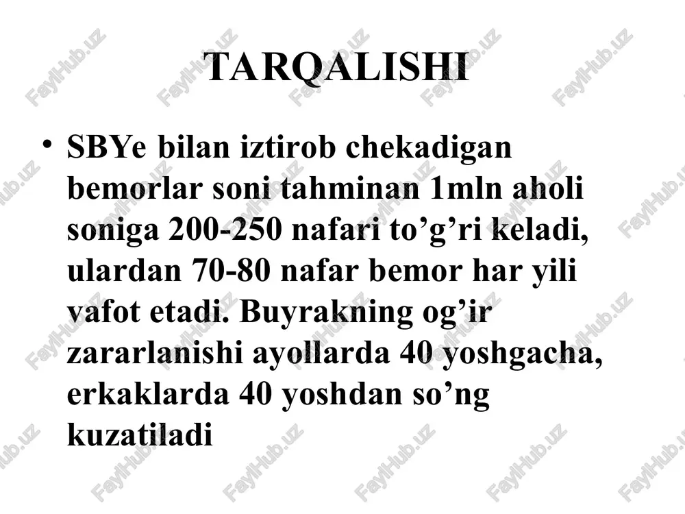 atijasida siydik bilan bikarbonatlarning yakkol yo’qolishi; v) kalavacha filtratsiyasini pasayishi patogenezi (davomi) gormonal buzilishlar. buyrak gormonlar gomeostazini quvvatlashda ya’ni gormonlar ta’sirida organizm o’z ichki muhiti tarkibini bir hilda saqlab turishida gormonlar metabolizmi faol ishtirok etadi. bundan tashqari, buyrakda qon aylanishini stimullaydigan (kuchaytiradigan) eritropoetin gormoni va arteriya bosimini boshqarishda ishtirok etadigan renin sintezlanadi. ko’pgina sbye ni bemorlarda karbon suv (uglevod) modda almashinuvi buzilgan, bu holat giperglikemiya, glyukozaga tolerantlikni sezuvchanligiga buzilishi, aksariyat giperinsulinemiya, glyukoneogenez bilan ifodalanadi patogenezi (davomi) sbye da anemiya rivojlanishi quyidagi omillar ta’sirida vujudga keladi: a) eritropoetin mahsulotining kamayishi suyak iligida eritrotsitlarning qon ishlab chiqarishiga va faol unumdorligining pasayishiga olib keladi. b) eritropoez ingibitori vujudga kelishining ko’payishi (tahmin qilinishiga ko’ra u taloqda ishlab chiqariladi) ilikning eritroidli o’sishini pasaytiradi. v) ilikning funktsional sifatsizligi, gohida uning gipo va aplaziyasi. g) eritrotsitlar gemolizining kuchayishi shu qatorda ilikda ularning hayot muddatini qisqarishi patogenezi (davomi) d) «uremik toksinlarning» ta’siri eritrotsitlar yashash davrini kamaytiradi. e) uremik …
