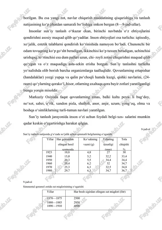 av, zot chiqarish ishida asosiy o‘rinni egallagan. bunda yaratilmoqchi bo‘lgan o‘simlik navi, hayvon zoti qanday ijobiy belgi-xossalarga ega bo‘lishi oldindan rejalashtirilgan. so‘ngra ana shu reja asosida sun’iy tanlash olib borilgan. bu esa yangi zot, navlar chiqarish muddatining qisqarishiga va tanlash natijasining ko‘p jihatdan samarali bo‘lishiga imkon bergan (8—9-jadvallar). insonlar sun’iy tanlash o‘tkazar ekan, birinchi navbatda o‘z ehtiyojlarini qondirishni asosiy maqsad qilib qo‘yadilar. inson ehtiyojlari esa turlicha: iqtisodiy, xo‘jalik, estetik talablarni qondirish ko‘rinishida namoyon bo‘ladi. chunonchi bir odam tovuqning ko‘p go‘sht beradigan, ikkinchisi ko‘p tuxum beradigan, uchinchisi urishqoq, to‘rtinchisi esa dum patlari uzun, chi- royli zotini chiqarishni maqsad qilib qo‘ygan va o‘z maqsadiga asta-sekin erisha borgan. sun’iy tanlashni turlicha yo‘nalishda olib borish barcha organizmlarga taalluqlidir. qovunlarning ertapishar (handalaklar) yozgi yupqa va qalin po‘choqli hamda kuzgi, qishki navlarini, (24-rasm) qo‘ylarning qorako‘l, hisor, otlarning axaltaqa qora bayir zotlari yaratilganligi bunga yorqin misoldir. markaziy osiyoda faqat qovunlarning emas, balki kalta poya- li bug‘doy, no‘xot, …
