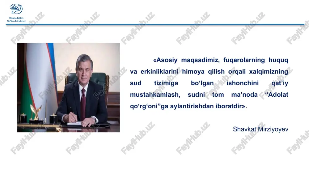 ishi mumkin. apellatsiya tartibida ko‘rib chiqilgan ishlar kassatsiya tartibida ko‘rib chiqilishi mumkin emas. sudyalar mustaqildirlar, faqat qonunga bo‘ysunadilar. sudyalarning odil sudlovni amalga oshirish borasidagi faoliyatiga biron-bir tarzda aralashishga yo‘l qo‘yilmaydi va bunday aralashish qonunga muvofiq javobgarlikka sabab bo‘ladi. sudyalarning daxlsizligi qonun bilan kafolatlanadi. o‘zbekiston respublikasi konstitutsiyasi 112-moddasi o‘ttiz yoshdan kichik bo‘lmagan, oliy yuridik ma’lumotga va yuridik ixtisosligi bo‘yicha, avvalambor, huquqni muhofaza qiluvchi organlarda kamida besh yillik mehnat stajiga ega bo‘lgan o‘zbekiston respublikasi fuqarosi fuqarolik ishlari bo‘yicha tumanlararo, tuman (shahar) sudining, jinoyat ishlari bo‘yicha tuman (shahar) sudining, tumanlararo, tuman (shahar) iqtisodiy sudining, tuman (shahar) ma’muriy sudining, hududiy harbiy sudning sudyasi bo‘lishi mumkin. yodda tuting! sud tizimi – o‘z vakolatlari, maqsadlari va vazifalariga muvofiq ish ko‘radigan davlatning butun sudlov organlari. birinchi instansiya sudi – qonunga muvofiq sud majlisida birinchi bo‘lib ish holatlarini aniqlovchi va ish yuzasidan qarorlar yoki hukm chiqaruvchi sud. birinchi instansiya sudi qarori ustidan kassatsiya yoki apellatsiya tartibida yuqori turuvchi …