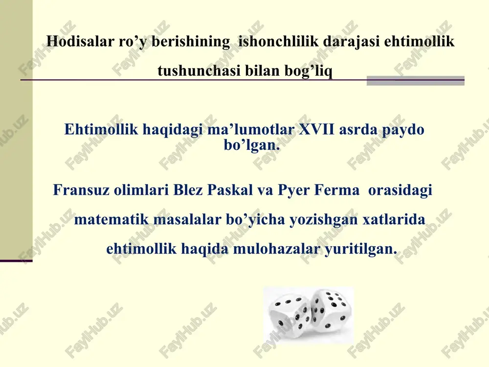 ehtimolligi p(a) = 30/1000= 3/ 100 javob: 3/ 100 yechish 1) a-” yutuq chiqishining 30 ta “ qulaylik tug’diruvchi imkoniyatlari mavjud, yutuqsiz lotaeyalar soni 1000-30=970 ta ya’ni m=970 ta,: barcha o’yinlar soni 1000 ta . olingan chiptaning yutuq chiqimaslik ehtimolligi p(a) = 970/1000 javob: 970/ 1000 uyga vazifa 472-474 masalalar 9-sinf darsligi 193-sahifa image1.png image2.jpeg image3.jpeg /docprops/thumbnail.jpeg