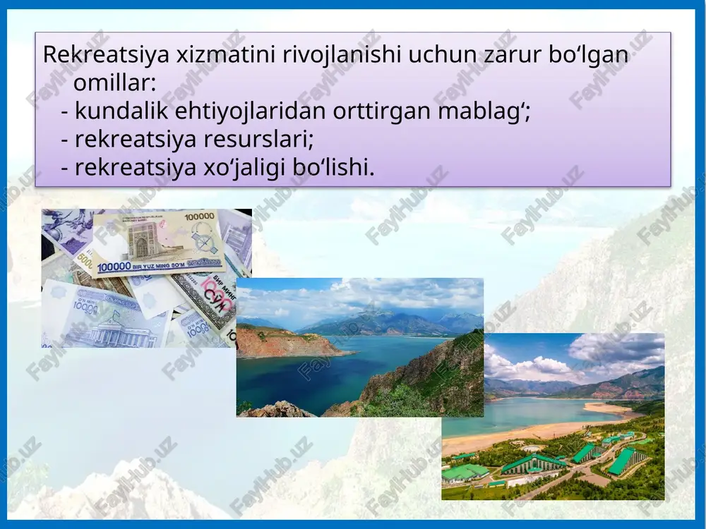 i-berdi ishlari yengillashtirilib, jahon andozalariga javob beradigan mehmonxonalar sonini ko‘paytirish, shu orqali raqobatni kuchaytirish, mehmonxona narxlarini arzonlashtirishga kirishildi. yana bir muhim yo‘nalish – turistlarga xizmat ko‘rsatish bo‘yicha xorijiy tillarni hamda tarix va geografiyani puxta biladigan mutaxassislarni tayyorlash tizimini takomillashtirishdir. gidlar, mehmonxona xodimlari, turistik xizmatlar ko‘rsatishning yanada mukammal standartlarini o‘rnatish shular jumlasidandir. samarqandda ochilgan «ipak yo‘li» xalqaro turizm universiteti faoliyati ham shu maqsadlar uchun xizmat qilmoqda. bunga qo‘shimcha ravishda xorijiy oliy ta’lim muassasalari bilan hamkorlikdagi qo‘shma fakultetlar, xorijiy otmlar filiallari ham soha mutaxassislarini tayyorlashda yordam bermoqda. hozir bu borada, ayniqsa, rossiya, koreya, turkiya turizm akademiyasi, yevropa oliygohlari bilan faol ish olib borilyapti. natijada mamlakatimiz bo‘ylab sayohat qiluvchilarning soni yildan yilga oshib bormoqda. umuman olganda endilikda turizm sohasiga milliy iqtisodi-yotga yuqori daromad keltiradigan istiqbolli tarmoqlardan biri sifatida qaralmoqda. zero, mamlakatimizdagi tarixiy obidalarning qariyb 200 tasi madaniy meros obyektlari sifatida yunesko ro‘yxatiga kiritilgan. rekreatsiya xo‘jaligi tarkibiga mehmonxonalar, dam olish uylari va bazalari, sanatoriyalar, …