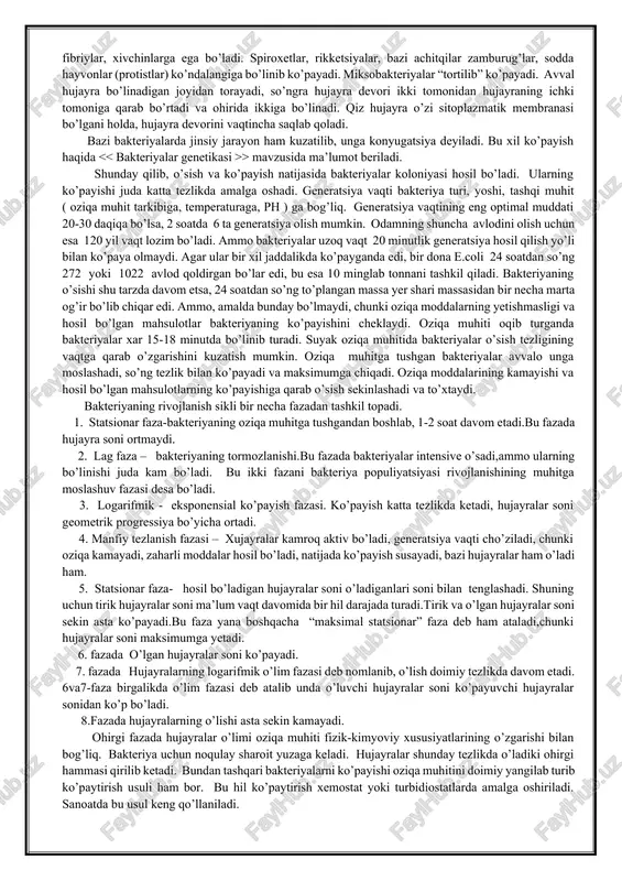 ’linsa, bunga izomorf bo’linish (izo-teng) deyiladi. ko’pincha geteromorf bo’linish kuzatiladi. agar xivchinli hujayra bo’linsa, qiz hujayrada ko’pincha xivchinlar bo’lmaydi, ular ona hujayrada qoladi. keyinchalik qiz hujayradan xivchin o’sadi. demak ona hujayra birlamchi hujayra devori, fibriylar, xivchinlarga ega bo’ladi. spiroxetlar, rikketsiyalar, bazi achitqilar zamburug’lar, sodda hayvonlar (protistlar) ko’ndalangiga bo’linib ko’payadi. miksobakteriyalar “tortilib” ko’payadi. avval hujayra bo’linadigan joyidan torayadi, so’ngra hujayra devori ikki tomonidan hujayraning ichki tomoniga qarab bo’rtadi va ohirida ikkiga bo’linadi. qiz hujayra o’zi sitoplazmatik membranasi bo’lgani holda, hujayra devorini vaqtincha saqlab qoladi. bazi bakteriyalarda jinsiy jarayon ham kuzatilib, unga konyugatsiya deyiladi. bu xil ko’payish haqida > mavzusida ma’lumot beriladi. shunday qilib, o’sish va ko’payish natijasida bakteriyalar koloniyasi hosil bo’ladi. ularning ko’payishi juda katta tezlikda amalga oshadi. generatsiya vaqti bakteriya turi, yoshi, tashqi muhit ( oziqa muhit tarkibiga, temperaturaga, ph ) ga bog’liq. generatsiya vaqtining eng optimal muddati 20-30 daqiqa bo’lsa, 2 soatda 6 ta generatsiya olish mumkin. odamning shuncha …