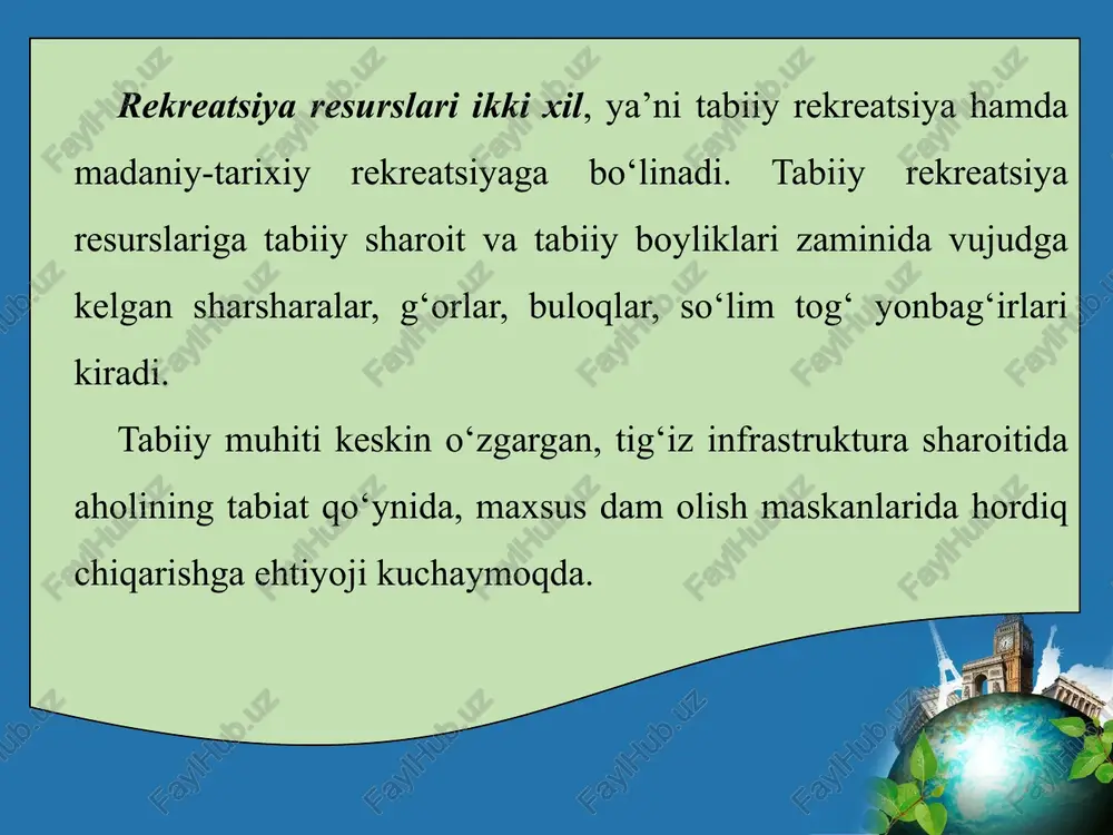 u orqali raqobatni kuchaytirish, mehmonxona narxlarini arzonlashtirishga kirishildi. yana bir muhim yo‘nalish - turistlarga xizmat ko‘rsatish bo‘yicha xorijiy tillarni hamda tarix va geografiyani puxta biladigan mutaxassislarni tayyorlash tizimini takomillashtirishdir. gidlar, mehmonxona xodimlari, turistik xizmatlar ko‘rsatishning yanada mukammal standartlarini o‘rnatish shular jumlasidandir. samarqandda ochilgan «ipak yo‘li» xalqaro turizm universiteti faoliyati ham shu maqsadlar uchun xizmat qilmoqda. bunga qo‘shimcha ravishda xorijiy oliy ta’lim muassasalari bilan hamkorlikdagi qo‘shma fakultetlar, xorijiy otmlar filiallari ham soha mutaxassislarini tayyorlashda yordam bermoqda. hozir bu borada, ayniqsa, rossiya, koreya, turkiya turizm akademiyasi, yevropa oliygohlari bilan faol ish olib borilyapti. natijada mamlakatimiz bo‘ylab sayohat qiluvchilarning soni yildan yilga oshib bormoqda. umuman olganda endilikda turizm sohasiga milliy iqtisodiyotga yuqori da romad keltiradigan istiqbolli tarmoqlardan biri sifatida qaralmoqda. zero, mamlakatimizdagi tarixiy obidalarning qariyb 200 tasi madaniy meros obyektlari sifatida yunesko ro‘yxatiga kiritilgan. rekreatsiya xo‘jaligi tarkibiga mehmonxonalar, dam olish uylari va bazalari, sanatoriyalar, turbazalar, turistik transport va boshqalar kiradi. image2.jpeg image3.jpeg image4.png …