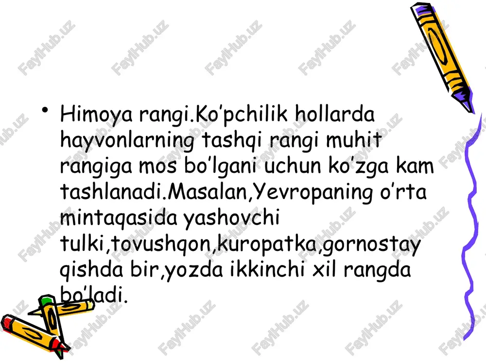 oitida organizmlardagi murakkab va turli-tuman moslanishlar qanday paydo bo’lganligini ilmiy asosda tushuntirib berdi.xviii-xix asrlardan boshlab tangaqanotlilarning 70 ga yaqin turida tana rangining o’zgarganligi ma’lum bo’ldi.bunday o’zgarishlarning sababi qayin odimchisi deb nom olgan kapalak turida atroflicha o’rganildi. qayin odimchisi kapalagining shahardagi(qoramtir)va daladagi(oqish) formalari. organizmdagi moslanishning nisbiyligi.organizmlarning muhit sharoitiga moslanishi uzoq muddatli tarixiy jarayonda tabiiy tanlanish ta’siri tufayli paydo bo’lgan.shunga qaramay umutlaq emas,nisbiydir. yangi mavzu:turlarning paydo bo’lishi. 1.turlarning paydo bo’lishi; 2.tur paydo bo’lishida mutatsiyalarning ahamiyati; 3.allopatrik yo’nalish yoki geografik alohidalanish bilan tur paydo bo’lishi; 4.simpatrik yo’nalishda tur paydo bo’lishi. image1.jpeg image2.jpeg image3.jpeg image4.jpeg image5.jpeg image6.jpeg image7.jpeg /docprops/thumbnail.jpeg