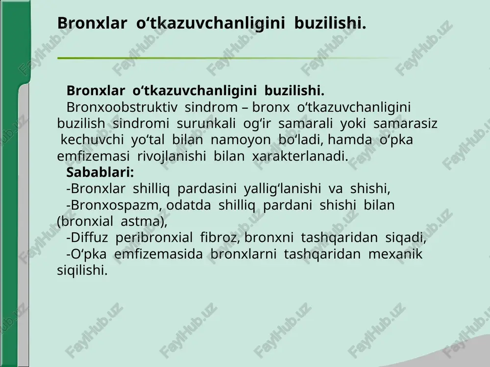 to‘qimasida havoni ortishi sindromi patogenez : -yallig‘lanish yoki neyro-gumoral regulyatsiyani buzilishi sababli, bronxlarni o‘tkazuvchanligini buzilishi va bronxospazmni yuzaga kelishi. -nafas chiqarishda alveolada havoni tutilib qolishi -nafas olishda kirgan havo, alveola ichidagi bosimni odatdagidan bir necha bor oshib ketishiga olib keladi, bu esa o‘z navbatida alveolalar devorini haddan tashqari cho‘zilishiga olib keladi -alveola devorini elastikligi yuqoladi -qoldiq havo miqdori yana ortib ketadi -o‘pka to‘qimasi shishirilgan holga keladi, o‘pkada havoni ortib ketishi sindromi yuzaga keladi. o‘pka to‘qimasida havoni ortishi sindromi klinik manzarasi. -umumiy ko‘zdan kechirish – majburiy holat, maksimal nafas olish fazasi holatida bochkasimon ko‘krak qafasi, nafas muskullarini faollashishi, ekspirator xarakterdagi xansirash, burun, quloq sianozi, aakrotsianoz, “baraban tayoqchalari”, “soat oynasi” simptomi. -palpatsiya – ko‘krak qafasi elastikligi susaygan. -taqqoslama perkussiya – qutichasimon tovush. -topografik perkussiya – o‘pkani yuqorigi, pastki chegaralari, krenig* maydoni kengaygan, o‘pka ekskursiyasi cheklangan. -auskultatsiya – vezikulyar nafas susaygan, - nafas chiqarish uzaygan, - quruq cho‘ng‘illovchi, hushtaksimon xirillashlar, - bronxofoniya susaygan. …