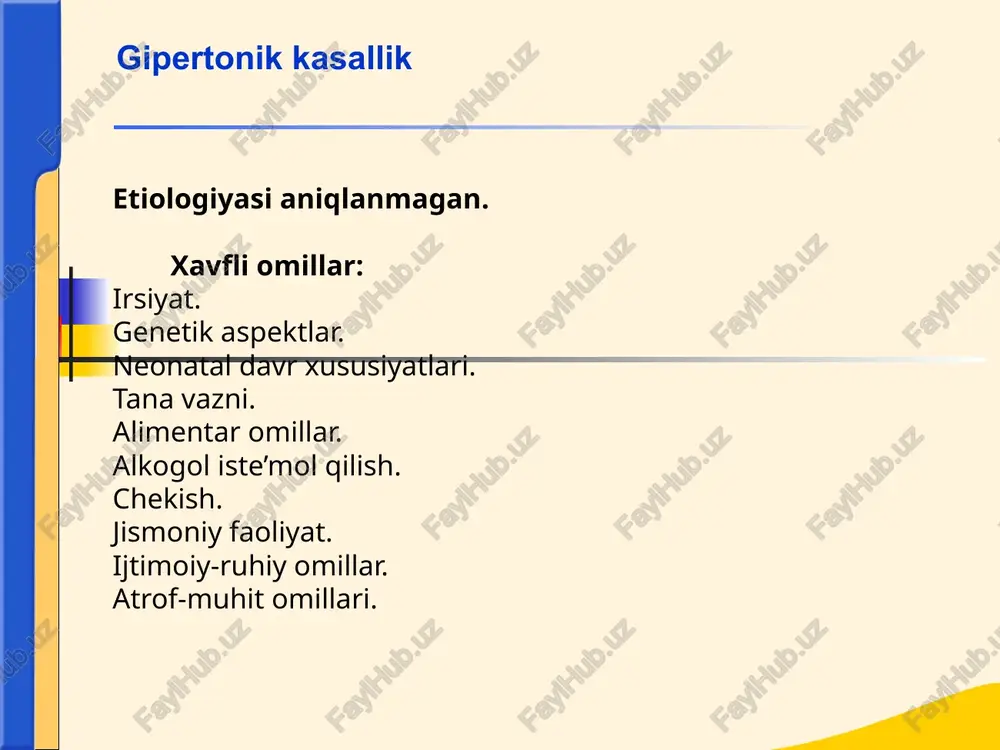shishlar (yurak yetishmovchiligi) * buyrak shikastlanishi chankov poliuriya nikturiya gematuriya shishlar * periferik arteriyalarning shikastlanishi: sovuk kul-oyoklar, navbatlashgan oksoklik, shuning uchun tulish vakti davomiyligini va puls tulkini kelish vaktini aniklash uchun bilak va son arteriyalaridagi pulsni solishtirish kerak. gipertonik kasallik diagnostikasi kuzdan kechirish: gk bilan ogriganlar juda emotsional yuz giperemiyasi, lablar sianozi, akrotsianoz shishlar (shikastlanish turiga kura yurak va buyrak genezi bulishi mumkin) chukki turtkisi kuchayishi, uning chapga, pastga siljishi. palpatsiya: chukki turtkisi tarkalgan, kuchaygan, rezistent perkussiya: yurak chegaralari chapga surilgan, aortal konfiguratsiya gipertonik kasallik diagnostikasi auskultatsiya: o’pka pastki bo’imlarida sust vezikulyar nafas, mayda pufakchali nam jarangsiz xirillashlar (yurak yetishmovchiligi). yurak: chukkida i ton susayishi, ii ton aorta usti aksent, mitral klapan nisbiy yetishmovchiligi natijasidagi sistolik shovqin. puls: zo’riqqan, tezlashgan, kattiklashgan, tomir devori kalinlashgan. ekg: chap korincha gipertrofiyasi manzarasi (baland r tishlar, st segmenti pasayishi va manfiy t tish). gis tutami chap oyokchasi blokadasi kuzatilishi mumkin. ko’z tubi: arteriolalarning torayishi, …