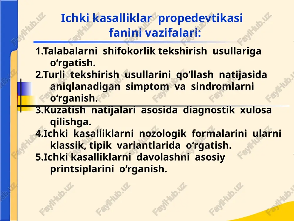 ushuncha diagnostika (grekcha-diagnostikos-farqlay bilish) bu, bemorga adekvat davo berish maqsadida, bemorni tekshirish usullarini, vrachni kasallik va bemor holatini aniqlash bo‘yicha kuzatishlari, fikr yuritishini yoritib beruvchi tibbiyot ilmini bir bo‘lagidir. diagnostik xatolar sabablari: -kasallikka bog‘liq bo‘lgan -bemorga bog‘liq bo‘lgan -vrachga bog‘liq bo‘lgan -tashqi muhit va tekshirish shart-sharoitiga bog‘liq bo‘lgan. rivojlanayotgan tibbiyotda kasallikni asoslash gippokrat ( 460-377gg.do n.e.) – qadimgi gretsiya kossko maktabi vakili. gippokrat kasalliknii «nazar, paypastlab, eshitib, xidlab i ta’m» orqali tashxislagan va to‘shakda kuzatishni birinchi marta kasallikni davolashda qo‘llagan. u o‘paklarda shovqin, xirllash va ishqalanishna eshitgan va jigar va taloqni paypastlab ko‘rgan. x asrda abu-ali-ibn-sino (avitsenna) o‘zinging salmoqli xissasini qo‘shgan. avitsenna ko‘plab kasalliklarning simptomlariga ta’rif bergan. jumladan plevrit, meningit, vabo, xolera, ospo, sibir yarasi («persidskiy ogon»), oshqozon yara kasalligi, qandli diabeta va boshqalar. vena shifokori leopold auenbrugger (1722-1809)-birinchi marta perkussiya metodini taklif qilgan. (1861g.) obrazets teksta vtoroy uroven tretiy uroven chetvertiy uroven pyatiy uroven rene laennek (1781-1821) - auskultatsiya …