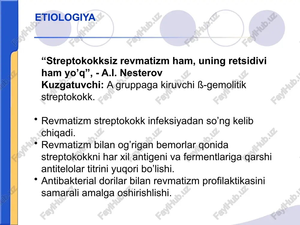 kardit). revmatik perikardit pankardit xazm sistemasi organlari. abdominal sindrom, revmatik gepatit. buyraklar buyrak tomirlarini shikastlanishi. nefrit. asab sistemasi. revmatik vaskulit. bosh miya va orqa miyani yallig’lanishi. kichik xoreya. ko’zdan kechirish: laborator-instrumental tekshirishlar. revmatizmni utkir davri: leykotsitoz; eozinofiliya, mono- i limfotsitoz; echt - oshgan (ogir xolatlarda 50-70 mm/s); disproteinemiya: albuminlar miqdori kamaygan (50% dan kam), globulinlar oshgan; s-reaktiv oksil oshgan; mukoproteinlar oshgan, antistreptolizin o, antistreptogialuronidaza, antistreptokinaza titrlari oshgan. ekg: yurak o’tkazuvchanligi buzilgan, atrioventrikulyar blokada 1-2 daraja, ekstrasistoliya va boshqa buzilishlari, ekg tishlarining voltajini pasayishi, t tishi uzgargan, st segment pasaygan. exokg revmatizm diagnostikasi revmatik jarayon aktivligini to’lik to’htashi; birlamchi revmokarditda yurak poroklarini xosil bo’lishi, qaytalama revmokarditda esa yangi poroklarni paydo bo’lishini oldini olish. organizmni umumiy va immunologik reaktivligini tiklash hamda kardiosklerozni yuzaga kelishi va rivojlanishini oldini olish. davolashni asosiy bosqichlari (statsionar, sanator-kurort va dispanser) revmatizmni davolashni asosiy prinsiplari revmatizm bilan kasallangan bemorlarni statsionar davolashni asosiy prinsiplari: 1) erta gospitalizatsiya, davomiy (1,5 …