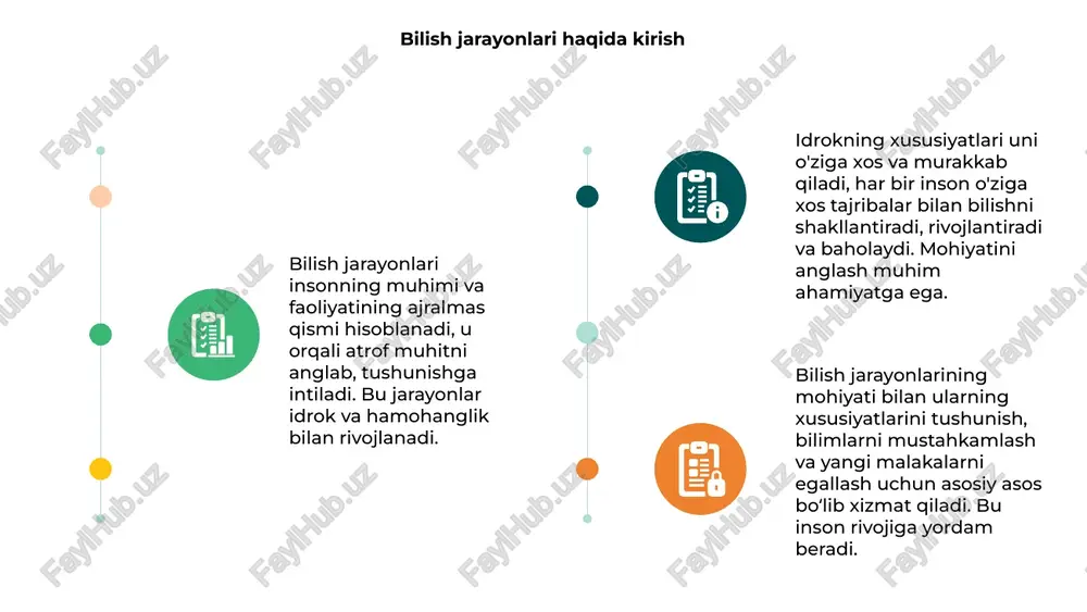 drok jarayonlari inson fikr va his-tuyg'ularining muhim qismi bo'lib, ma'lumotlarni qabul qilish va tushunishga yordam beradi. uning xususiyatlari moslashuvchanlik va darajadir. idrok rivojlanishi yoshga qarab o'zgaradi, bolalar va kattalarda faqatgina kengayib borib, ko'nikma va qobiliyatlarni rivojlantiradi. bu jarayon murakkab va uzluksiz. mohiyatida idrok yangi bilimlar bilan tajribalarni birlashtiradi, shuningdek, muhitga moslashishga yordam beradi. rivojlangan idrok inson faolligining asosi hisoblanadi. idrok va emotsiyalar idrok jarayonlari inson faoliyatining muhim qismi bo‘lib, u bilish va tushunishni ta’minlaydi. emotsiyalar bilan bog‘liq jarayonlar idrokni boyitadi va rivojlantiradi. xususiyatlarida idrok insonning shaxsiy, ijtimoiy va madaniy muhitga moslashishini ta’minlaydi. emotsiyalar esa idrokda sezgirlik va integratsiyani kuchaytiradi. idrok va emotsiyalar oʻrtasidagi oʻzaro bogʻliqlik insonning umumiy bilish jarayonini va muammoni hal qilish qobiliyatini oshiradi, shuningdek, sezgi va qalbni kuchaytiradi. idrokdagi xatoliklar 01 02 03 bilish jarayonlari idrok bilan bog‘liq bo‘lib, uning xususiyatlari va mohiyati inson fikrlash faoliyatining muhim qismidir. xatoliklar ko‘pincha tarbiyaning va tajribasizlikdan kelib chiqadi. idrokda e’tibor, xotira …