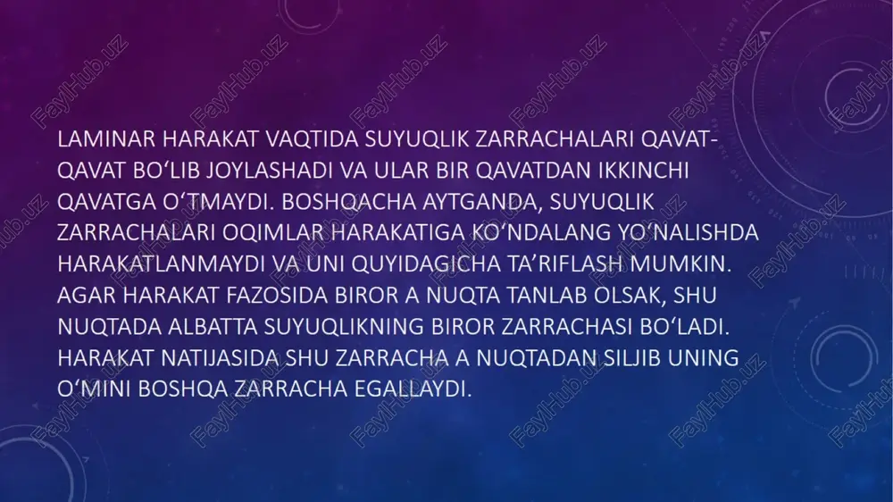 hamiga ko‘paytmasining qovushqoqlik kinematik koeffitsiyentiga nisbatidan iborat o‘lchovsiz miqdor xarakterlar ekan. bu miqdor olimning hurmatiga reynolds soni deb ataladi va formulalarda re bilan belgilanadi. silindrik quvurlardagi oqim uchun reynolds soni quyidagicha qisoblanadi: turli shakldagi nosilindrik quvurlar va o‘zanlardagi oqimlar uchun reynolds soni quyidagicha oichanadi: image1.jpeg image2.jpeg image3.jpeg image4.jpeg image5.jpeg image6.jpeg image7.jpeg image8.jpeg image9.jpeg image10.jpeg image11.jpeg /docprops/thumbnail.jpeg