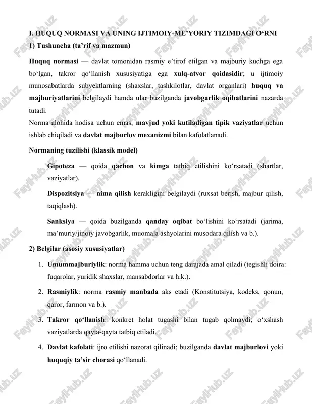 t darajadagi hujjatlardan ustun. 3) turlari (klassifikatsiya) a) tartibga solish usuliga ko‘ra majbur qiluvchi (imperativ): ma’lum xatti-harakatni bajarishni talab qiladi (soliq to‘lash, ro‘yxatdan o‘tish). taqiqlovchi: ma’lum xatti-harakatni man etadi (pora berish/olish, noqonuniy savdo). ruxsat beruvchi (dispozitiv): subyektga tanlov imkonini beradi (shartnoma shartlarini kelishish, vakolatni ixtiyoriy amalga oshirish). b) tarmoq bo‘yicha konstitutsiyaviy, fuqarolik, mehnat, ma’muriy, jinoyat, moliyaviy, ekologik, oila va b. tarmoqlardagi normalar. c) tatbiq doirasiga ko‘ra umumiy (keng doiradagi subyektlarga), maxsus (ma’lum sohaga yoki subyektlarga), favqulodda (maxsus rejim holatida). d) amal qilish kuchiga ko‘ra imperativ (qat’iy), dispozitiv (kelishuvga yo‘l qo‘yadi), kolizion (norma ziddiyatini hal qiladi), definitsion (ta’rif beruvchi), protsessual (tartib-qoidani belgilovchi). 4) ijtimoiy-me’yoriy tizimdagi o‘rni (boshqa me’yorlar bilan munosabat) jamiyatda huquq, axloq, urf-odat, diniy va korporativ me’yorlar birga yashaydi. ular o‘zaro ta’sirda: farqi: huquq davlat majburlovi va rasmiy manbaga ega; axloq — ichki e’tiqod va jamoatchilik fikri; odat — an’anaviy amaliyot; diniy me’yor — e’tiqod tizimi; korporativ me’yor — tashkilot …