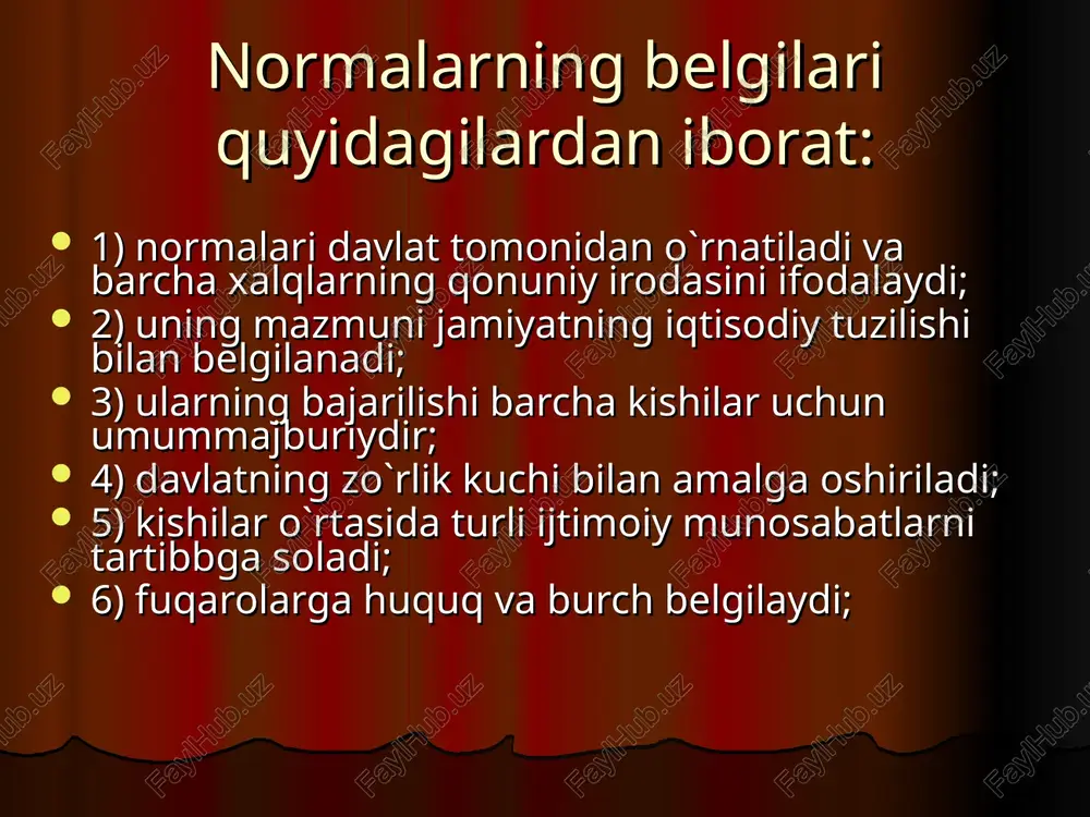 tamoyillari bayon etiladi. huquq normalari, institutlari va huquq sohalariga birlashib yagona huquq tizimini tashqil qiladi. huquq tizimi — huquqning mohiyati bilan ya’ni tabiiy huquq — tabiat tomonidan berilgan. masalan, insonning yashash huquqi, har bir shaxsning mulkdor bo‘lishlik huquqi va pozitiv huquq davlat tomonidan chiqarilgan (obyektiv va subyektiv) huquq bilan belgilanadi. huquq tizimining tuzilish tamoyillari. huquq tizimi tarixan obyektiv shakillanuvchi hodisa bo‘lgani sababli, uning normalari, huquq institutlari va huquq sohalariga ish ham obyektiv tamoyillarga asoslanadi. huquq tizimining obyektiv tamoyillari —bu jamiyatda har bir huquq sohasi bilan kishilar o‘rtasidagi ijtimoiy munosabatlarni tartibga solishdir. bu ijtimoiy munosabatlar o‘zining mazmuni na davlat boshqaruvining qaysi sohasiga tegishli ekanligi bilan farq qiladi. jamiyatning iqtisodi, ijtimoiy va siyosiy tuzilishidan kolib chiqqan xilma — xil ijtimoiy munosabatlar shu munosabatlarni tartibga soladigan huquqiy normalarning turini belgilab beradi. shuning uchun ham huquq institutlari va huquq sohalariga hamda huquq normalariga -huquq tizimiga bo‘lishning bosh asoslaridan biri bu huquq bilan tartibga solinadigan …