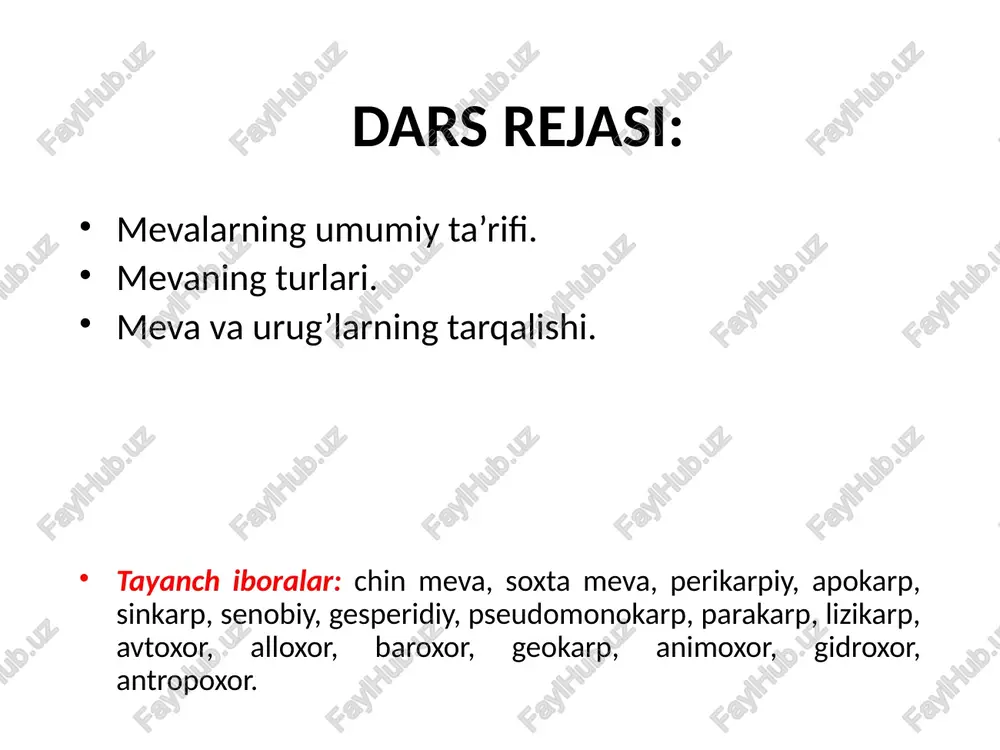 eva; 6 — tup yoki ko‘puyali yoki yong‘oqchali murakkab meva (qulupnay); 7 —ko‘pyong‘oqchali ho‘l meva (na’matak-itburun, gipandiysi — etdor). monokarp meva: bitta urug‘chi bargdan hosil bo‘lgan bir chanoqli meva bargcha, bargak yoki monokarp meva deb ataladi. bargakda mevaning ochilishi uning ustki o‘ng tomonidag‘ bo‘ladi. misol qilib ayiqtovondoshlar oilasi manub isfara va qazilma holda topilgan eng qadimgi o‘simlik degeneriyani keltirish mumkin. dukkak meva: bargakning maxsus moslashishidan bitta meva bargchaga ega bo‘lgan bir xonali quruq meva — dukkak kelib chiqqan. dukkak ochilish xususiyati bilan bargchadan farq qiladi. dukkakning ochilishi uchidan tubigacha ikki tomonidan qorni va orqa chokidan yorilib ochiladi. bunday meva kapalakguldoshlar, sezalpindoshlar, mimozadoshlarga xosdir. quruq va ho‘l monokarp mevalar: 1 — yakka urug‘li (bir urug‘li) bargcha (ay i qtovondosh lar); 2 — dukkak (dukkakdoshlar); 3 — bo‘lakli (chokli) dukkak; 4 — quruq danak (bodom); 5 — bir xonali danak, ho‘l meva (olxo‘ri). danakli meva: bargchadan mezokarpning sukkulentlanishi (lot s u k …