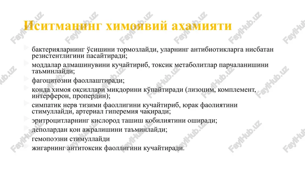 3. o'zgaruvchan isitma (febris intermittens, intermitirlangan). sutkaliik harorat farqi xuddi remitirlanuvchi isitmaga o'xshab, 1° s dan oshib boradi, ammo bu erda ertalabki harorat normaga yaqin yotadi. bunga sabab tana haroratining ko'tarilish davri taxminan biror vaqt oralig'ida (ko'pincha yarim kunga yaqin yoki kechasi) bir necha soatga oshishi hisoblanadi. o'zgaruvchan isitma malyariya, infektsion mononukleoz va yiringli infektsiyalarda (masalan, xolangitda) kuzatiladi. 4. gektik isitma (febris hectic, gektik). ertalab xuddi intermitirlanuvchi isitmaga o'xshab normal, hatto tana haroratining tushishi kuzatiladi, ammo sutkalik haroratning farqi 3-5°s gacha boradi. bunday tana haroratining ko'tarilishi o'pkaning faol tuberkulyoziga va sepsis bilan kechuvchi kasalliklarda uchraydi. 5. teskari yoki buzilgan isitma (febris inversus). bu boshqa isitma turlaridan shu bilan farq qiladiki, bunda ertalabki tana harorati kechqurungidan balandroq bo'ladi, ammo shunday bo'lsada odatda uncha baland bo'lmagan kechqurungi haroratning ko'tarilishi kuzatiladi. bu isitma asosan tuberkulyozda, sepsisda, brutsellyozda uchraydi. 6. noto'g'ri yoki idora qilinmaydigan isitma (febris irregularis). bu yuqorida ko'rsatilgan turli xil isitma turlari …